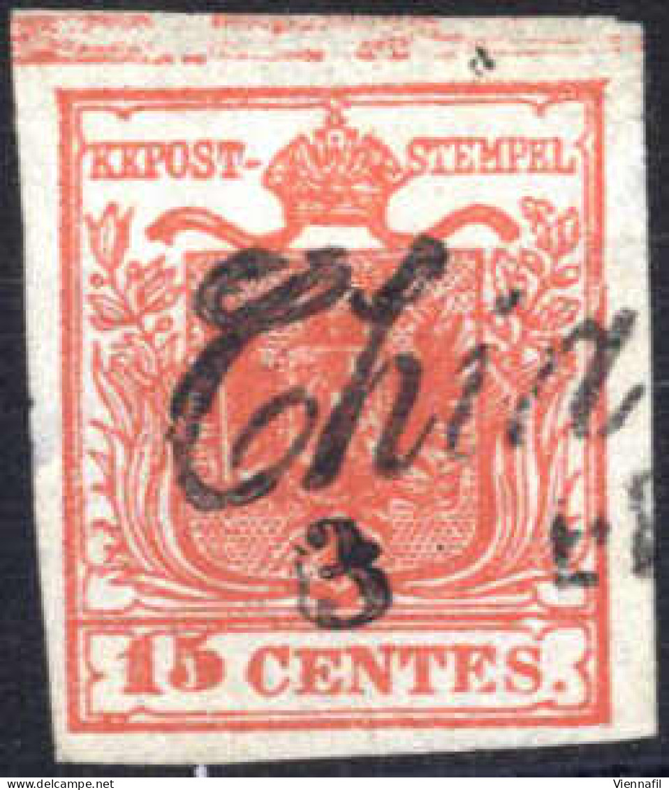 O 1850, 15 Cent. Rosso Tipo II, Carta A Mano, II Tavola, Con Spazio Tipografico Superiore, Annullo Parziale "Chia(ri) 3. - Lombardo-Vénétie