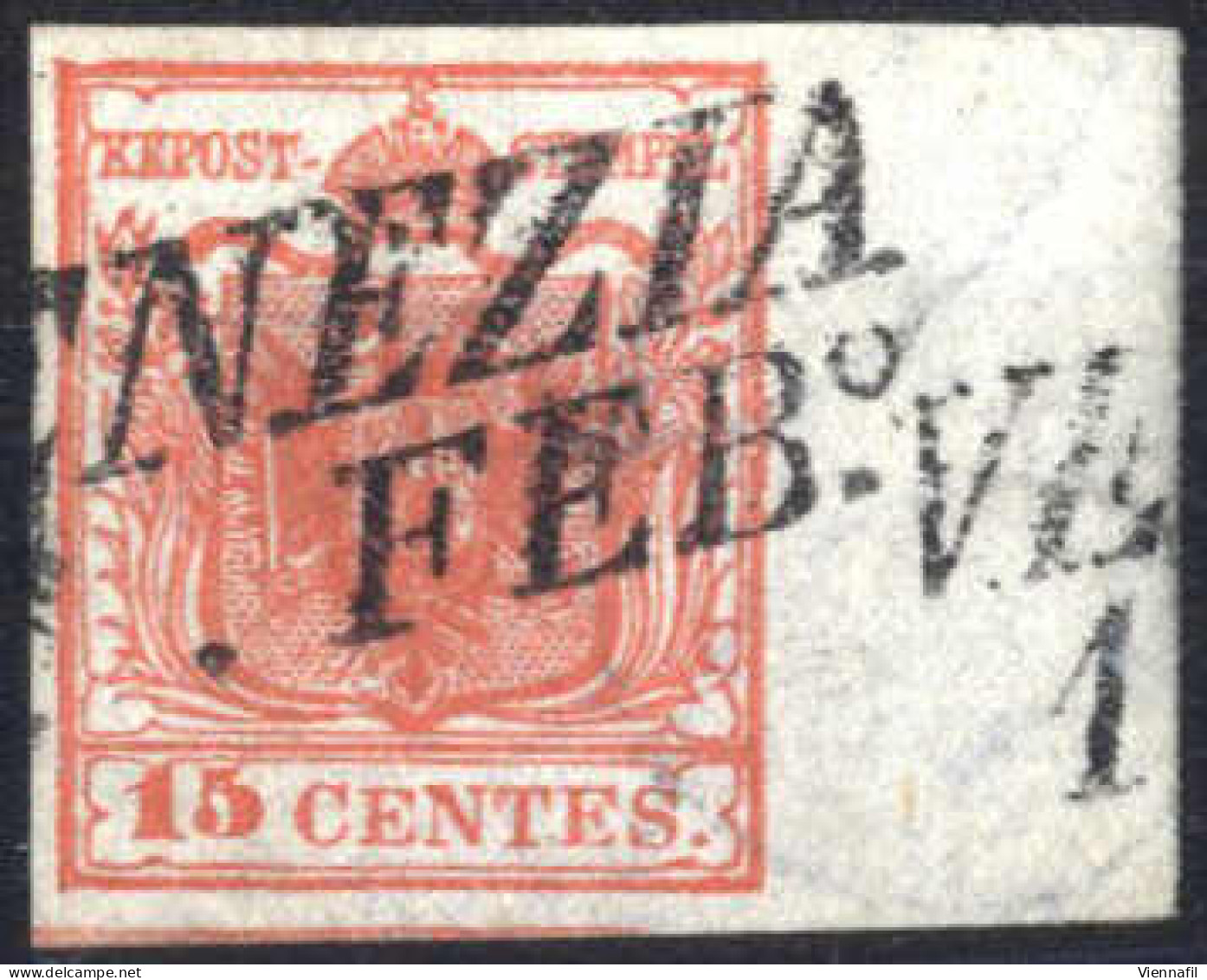 O 1850, 15 Cent. Rosso Tipo II, Carta A Mano, Margine Di Foglio Destro, Con Sottile Spazio Tipografico Inferiore, Annull - Lombardo-Venetien