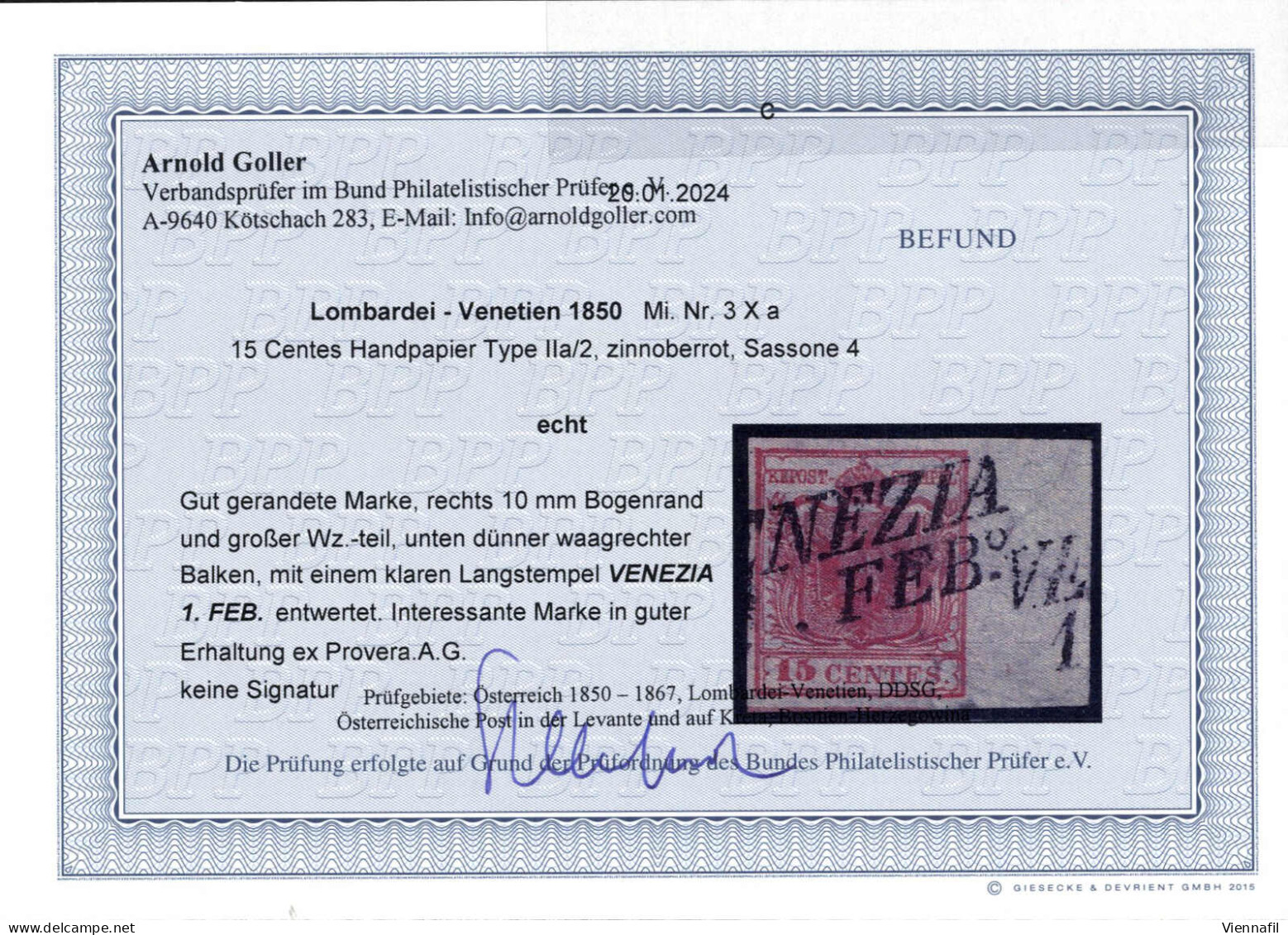 O 1850, 15 Cent. Rosso Tipo II, Carta A Mano, Margine Di Foglio Destro, Con Sottile Spazio Tipografico Inferiore, Annull - Lombardo-Venetien