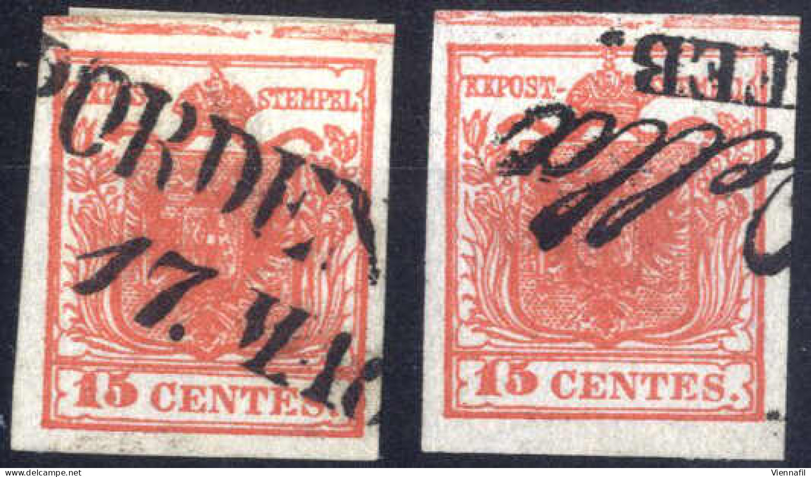 O 1850, Due 15 Cent. Rosso Tipo II Carta A Mano, Entrambi Con Annullo E Spazio Tipografico Orizzontale Sulla Parte Super - Lombardo-Venetien