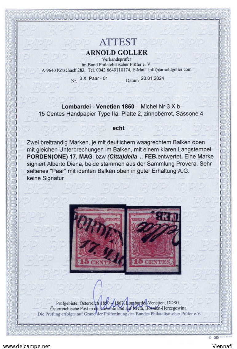O 1850, Due 15 Cent. Rosso Tipo II Carta A Mano, Entrambi Con Annullo E Spazio Tipografico Orizzontale Sulla Parte Super - Lombardo-Vénétie