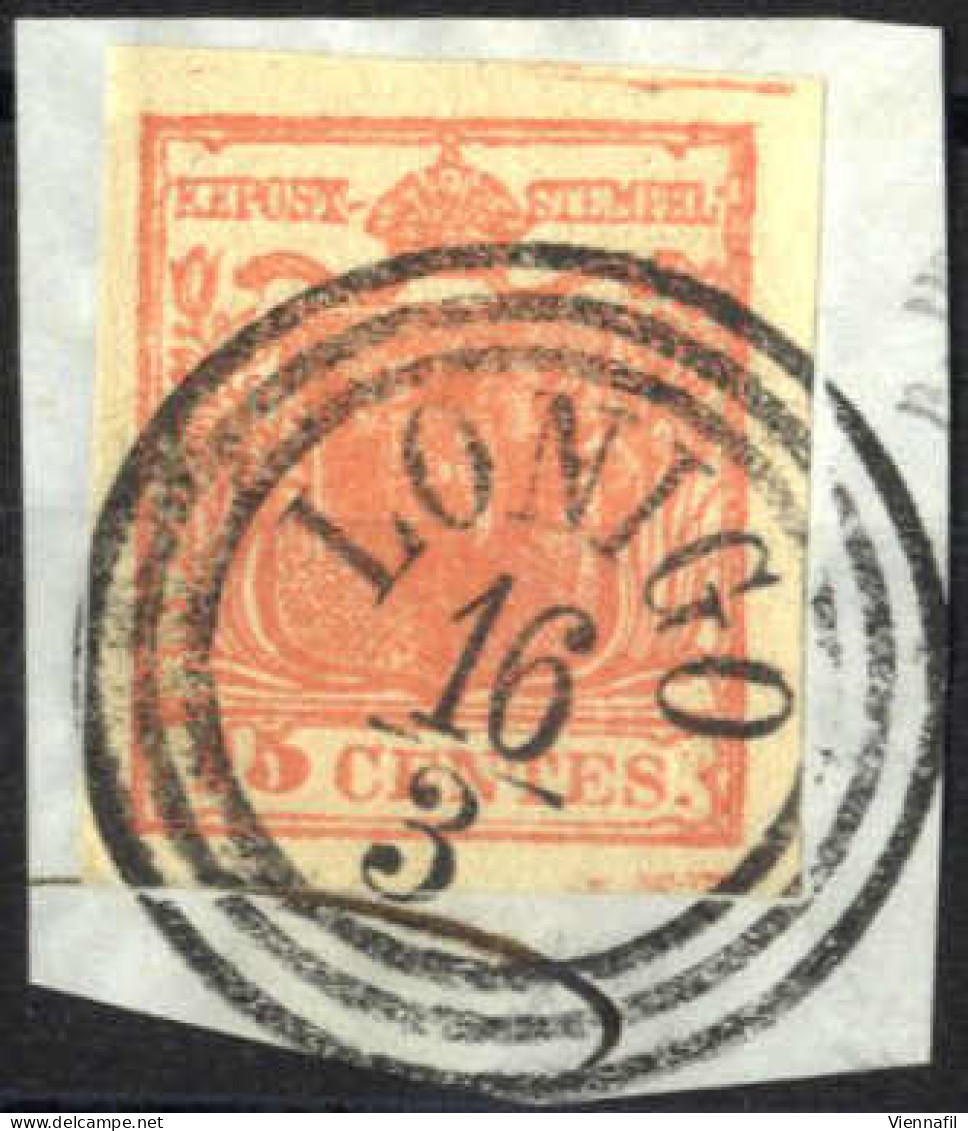 Piece 1850, Frammento Di Lettera Affrancato Con 15 Cent. Rosso Tipo II, Carta A Mano, Con Annullo "LONIGO 16/3", Cert. G - Lombardo-Vénétie