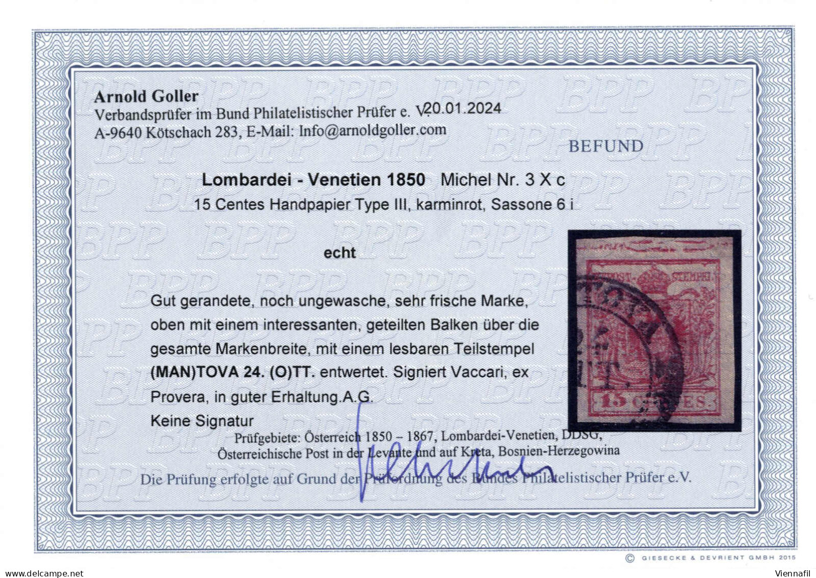 O 1850, 15 Cent. Rosso Tipo III, Carta A Mano, Con Spazio Tipografico Orizzontale Superiore E Annullo "(MAN)TOVA 24. (O) - Lombardo-Venetien