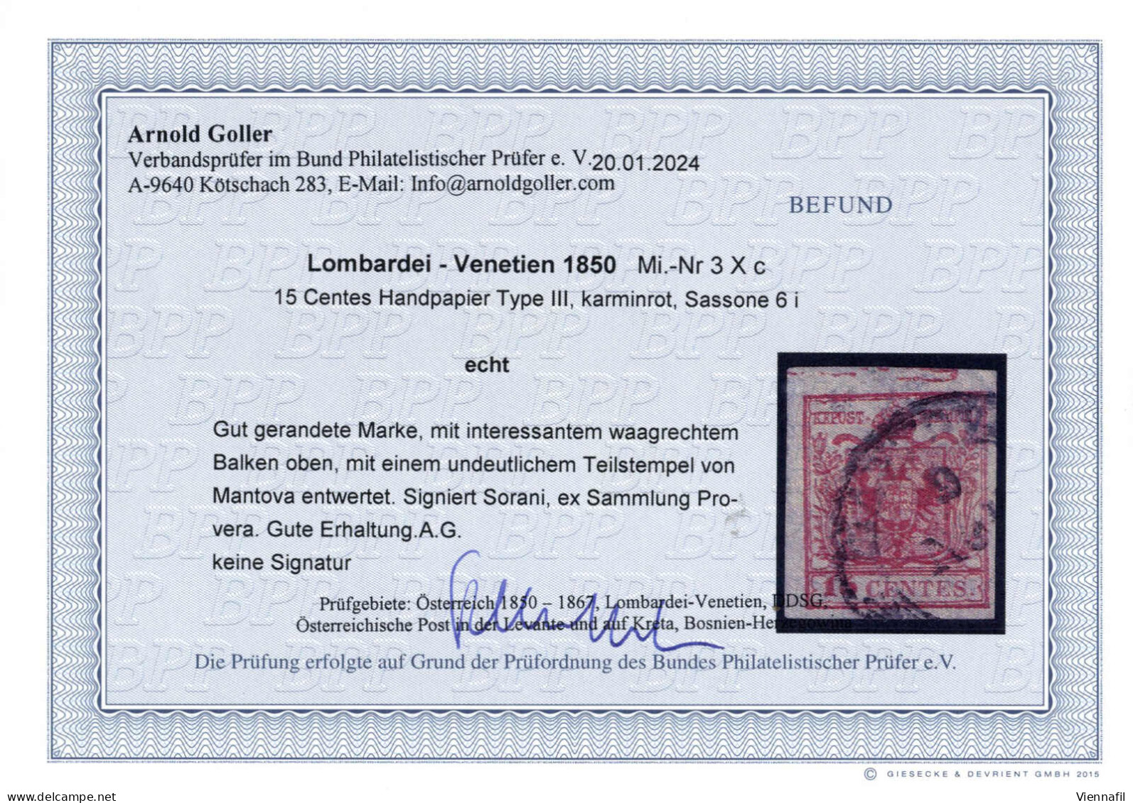 O 1850, 15 Cent. Rosso Tipo III, Carta A Mano, Con Spazio Tipografico Orizzotale Superiore E Annullo Mantova, Firmato So - Lombardo-Vénétie