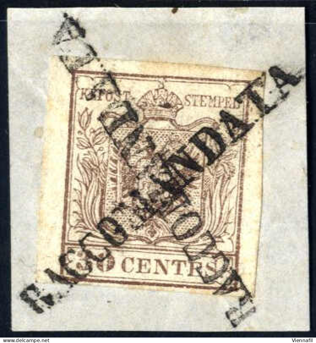 Piece 1850, 30 Cent. Bruno, Carta A Mano, I Tipo, Buoni/ampi Margini, Su Frammento, Annullato Con Due Impronte Del Bollo - Lombardy-Venetia