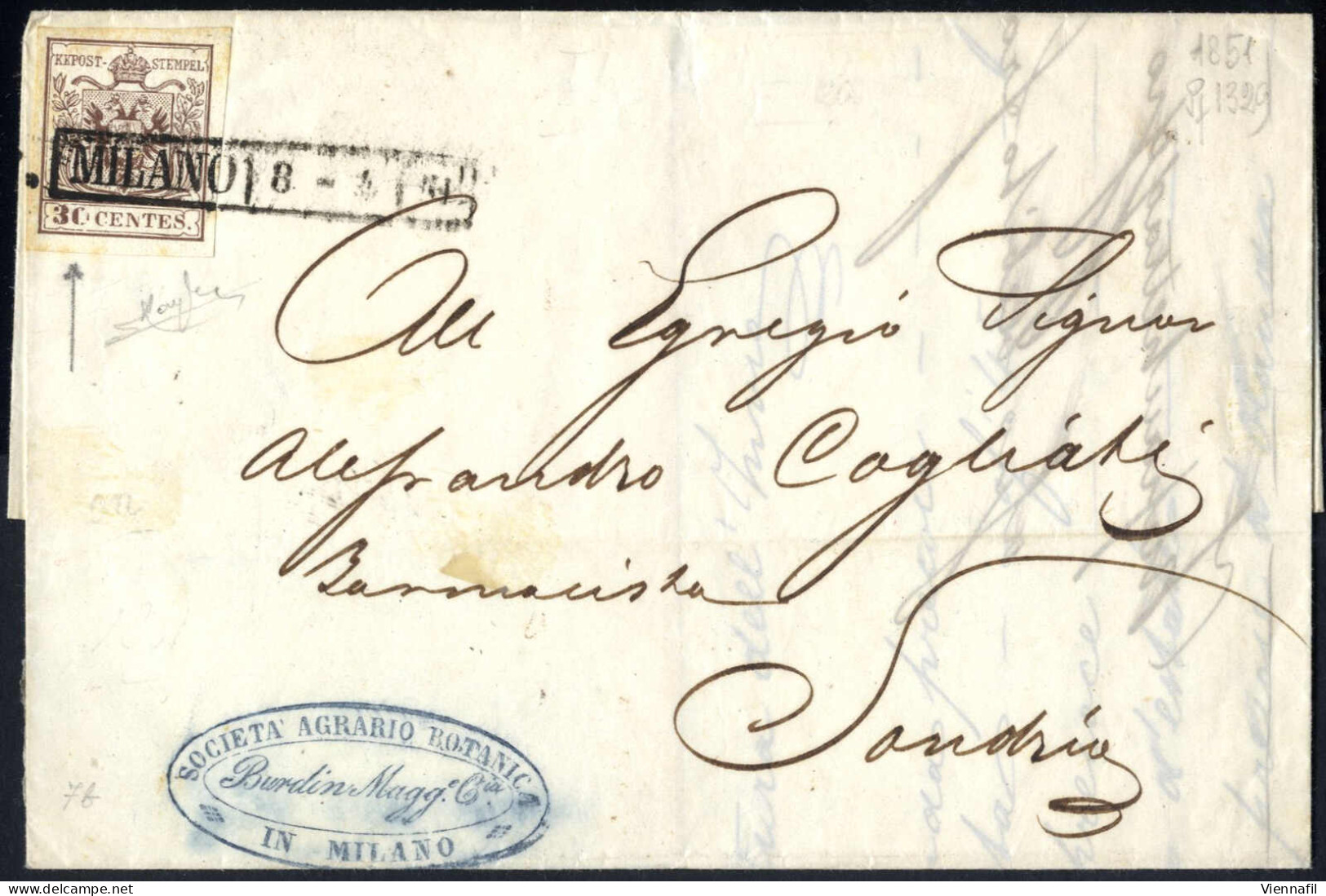 Cover 1851, Lettera Del 8.4.1851 Da Milano A Sondrio, Affrancata Con 30 Cent. Bruno, Carta A Mano, I Tipo, Ampi Margini  - Lombardo-Vénétie