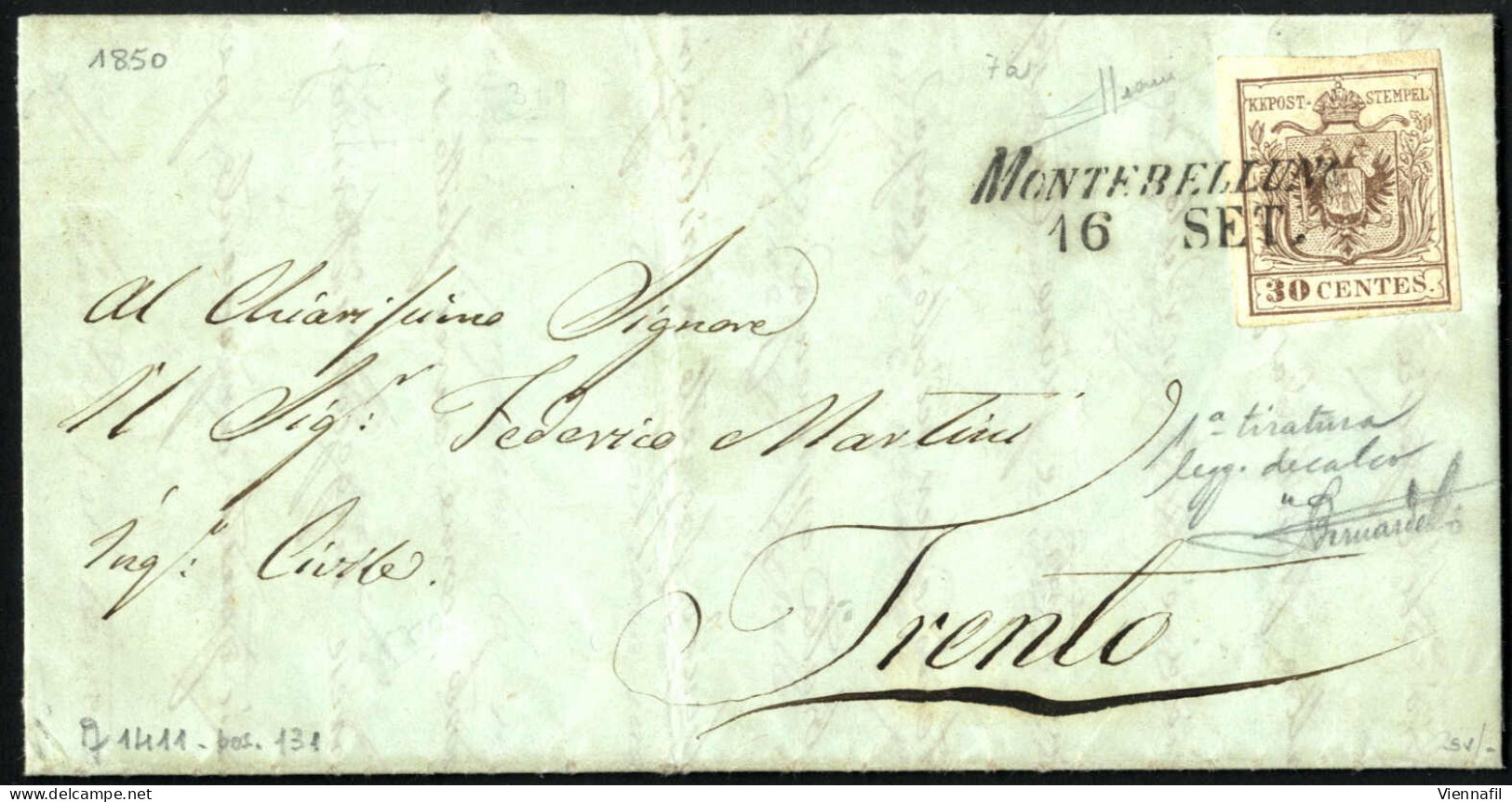 Cover 1850, Lettera Completa Del Testo Del 16.9.1850 Da Montebelluno A Trento, Affrancata 30 Cent. Bruno Chiaro, Carta A - Lombardy-Venetia