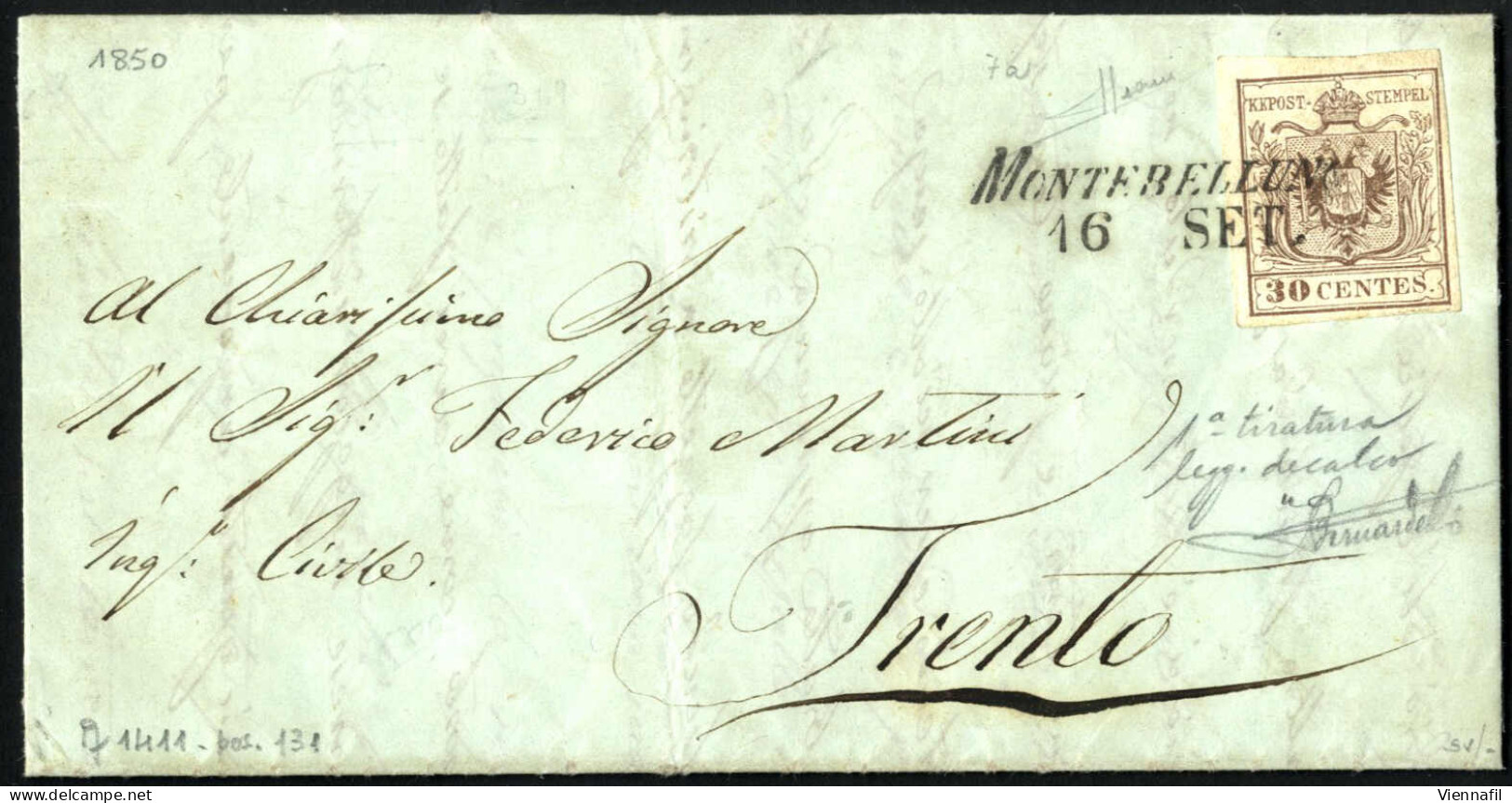 Cover 1850, Lettera Completa Del Testo Del 16.9.1850 Da Montebelluno A Trento, Affrancata 30 Cent. Bruno Chiaro, Carta A - Lombardo-Venetien