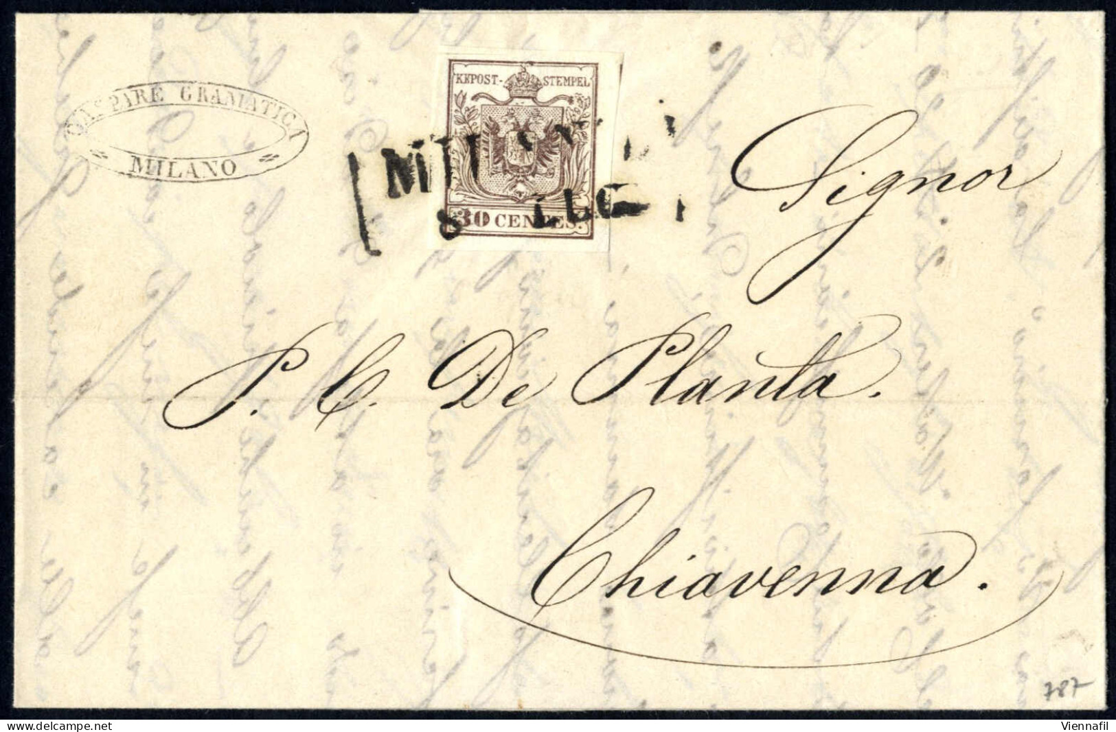 Cover 1850, Lettera Completa Del Testo Del 8.7.1850 Da Milano A Chiavenna, Affrancata Con 30 Cent. Bruno Chiaro, Carta A - Lombardo-Vénétie