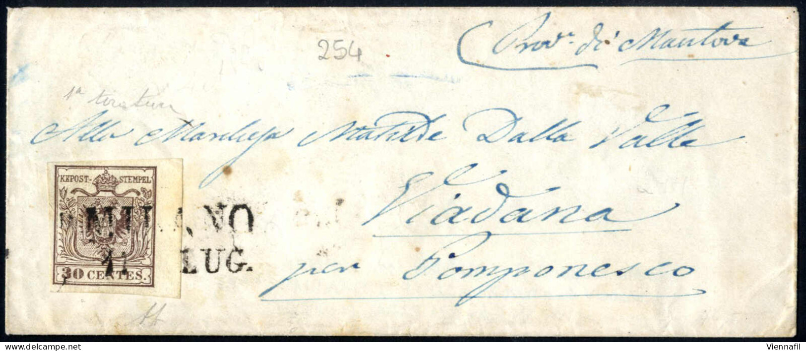 Cover 1850, Lettera Del 11.7.1850 Da Milano A Viadana Affrancata Con 30 Cent. Bruno Chiaro, Carta A Mano, I Tipo E I Tir - Lombardo-Vénétie