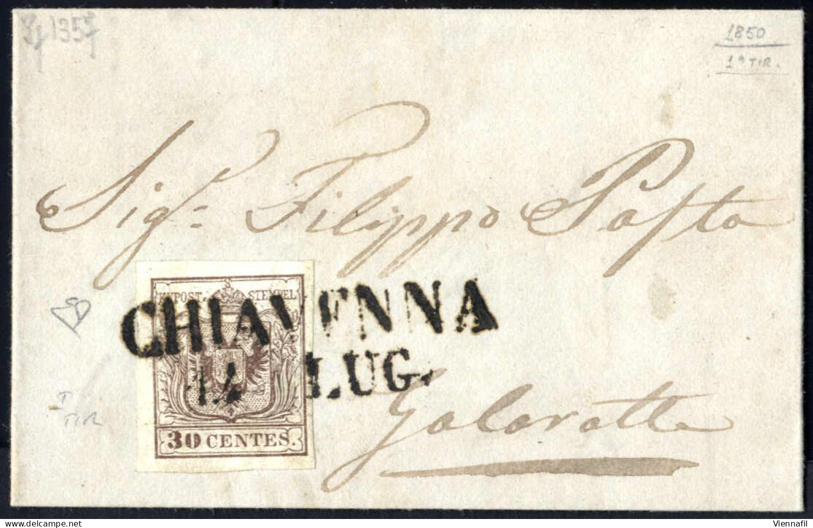 Cover 1850, Letterina Del 14.7.1850 Da Chiavenna A Gallarate, Affrancata Con 30 Cent. Bruno Chiaro, Carta A Mano, I Tipo - Lombardo-Venetien