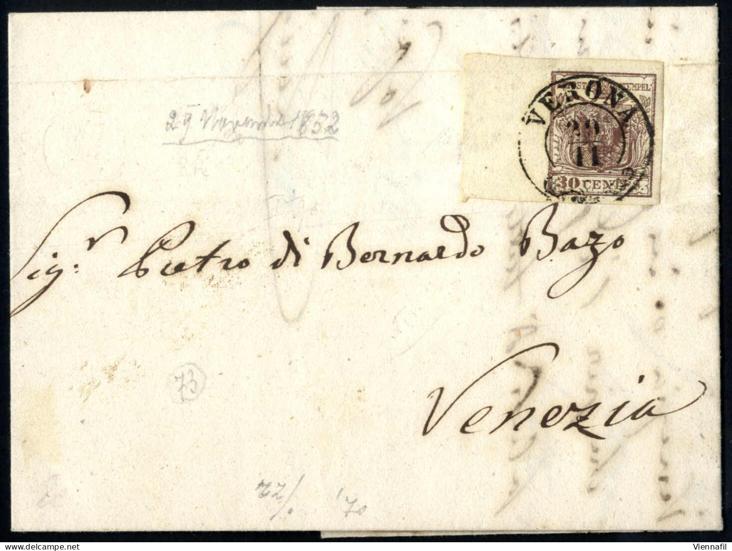 Cover 1850, Lettera Del 29.11.1852 Da Verona A Venezia, Affrancata Con 30 C. Bruno Scuro, Carta A Mano, I Tipo, Ampi Mar - Lombardo-Venetien