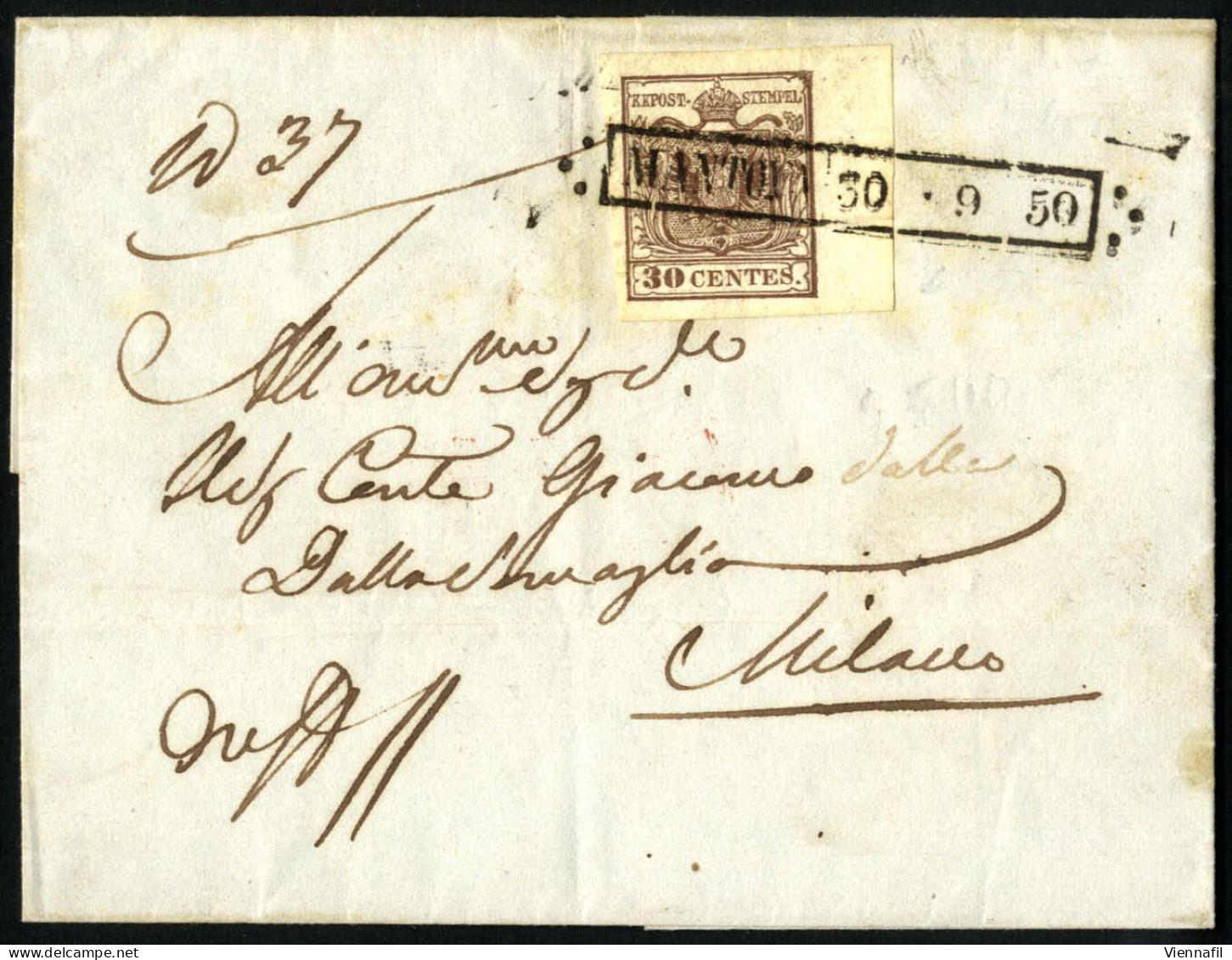 Cover 1850, Lettera Del 30.9.1850 Da Mantova A Milano, Affrancata Con 30 Cent. Bruno Scuro, Carta A Mano, I Tipo, Ampi M - Lombardy-Venetia