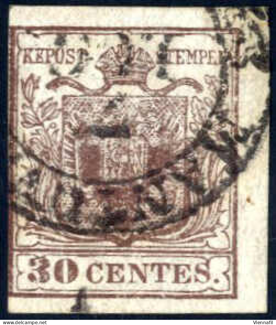 O 1850, 30 C. Bruno I Tipo, Annullato Con Il Bollo Di Mantova, Con Decalco Parziale, Tre Ampi Margini, A Filo A Sinistra - Lombardy-Venetia