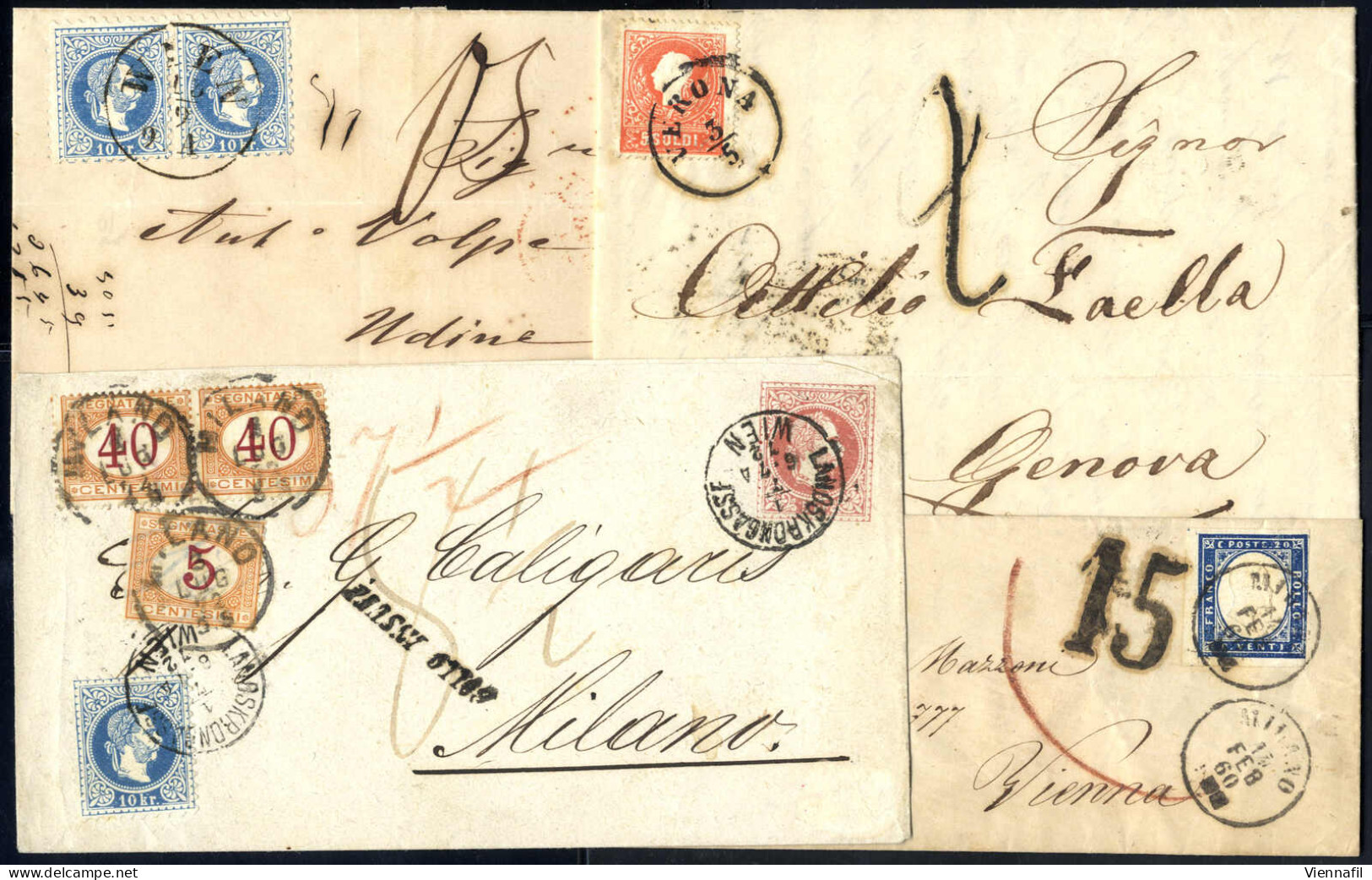 Cover 1860/72, Quattro Lettere, Una Da Verona Il 3.5.1861 Per Genova Affrancata Con 5 S. Rosso II Tipo Del Lombardo Vene - Sardaigne