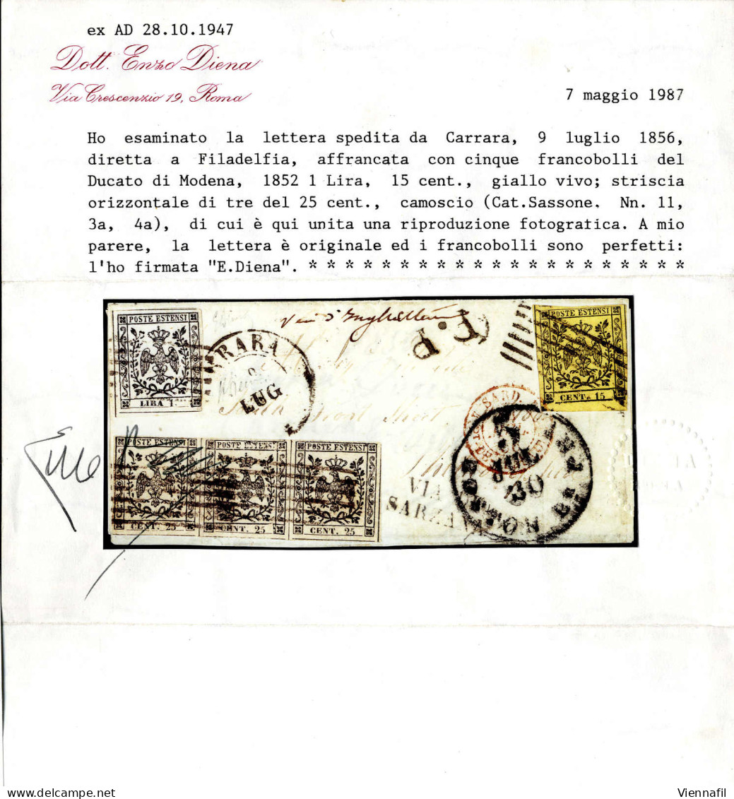 Cover 1856, Lettera Da Carrara Il 9.7. Per Philadelphia Affrancata Per 1,90 L. Con Tricolore Da 15 C. Giallo Vivo, Stris - Modène