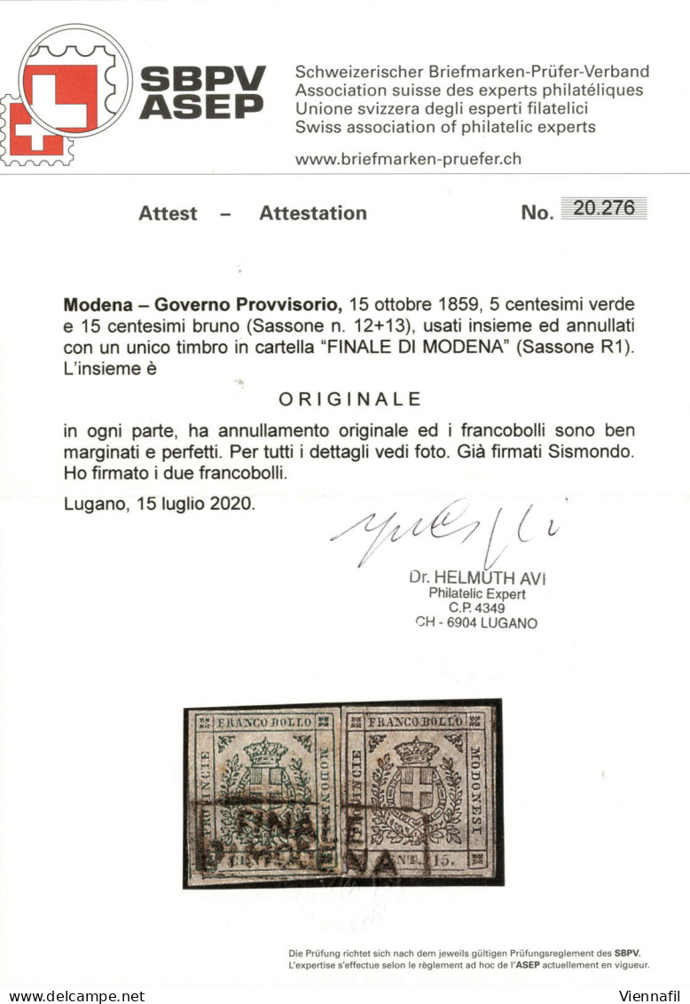 O 1859, Governo Provvisorio, 5 Cent. Verde E 15 Cent. Bruno, Entrambi Ben Marginati, Usati Insieme Ed Annullati Con Un U - Modène