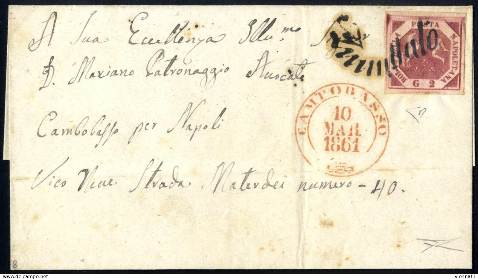 Cover 1861, Lettera Del 10.3.1861 Da Campobasso A Napoli, Affrancata Con 2 Grana I Tavola Carminio, Ampi Margini, Oblite - Neapel