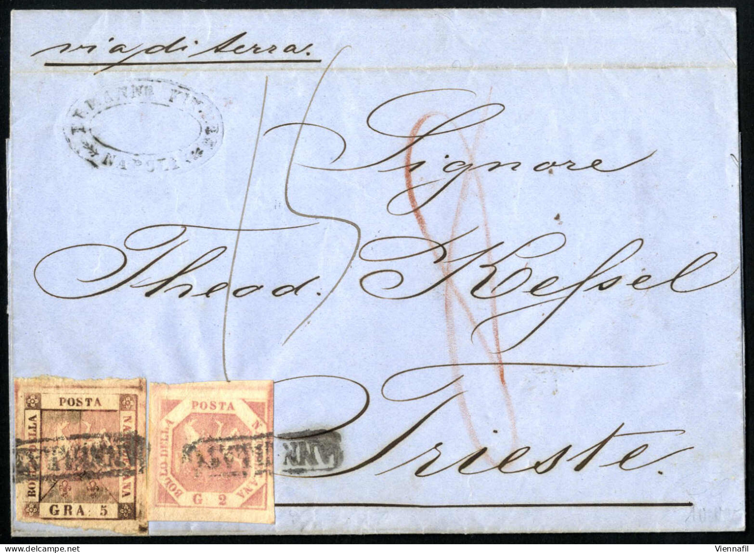 Cover 1858, Lettera Del 13.11.1858 Da Napoli A Trieste, Indicazione Manoscritta "via Di Terra", Affrancata Con 2 Grana R - Naples