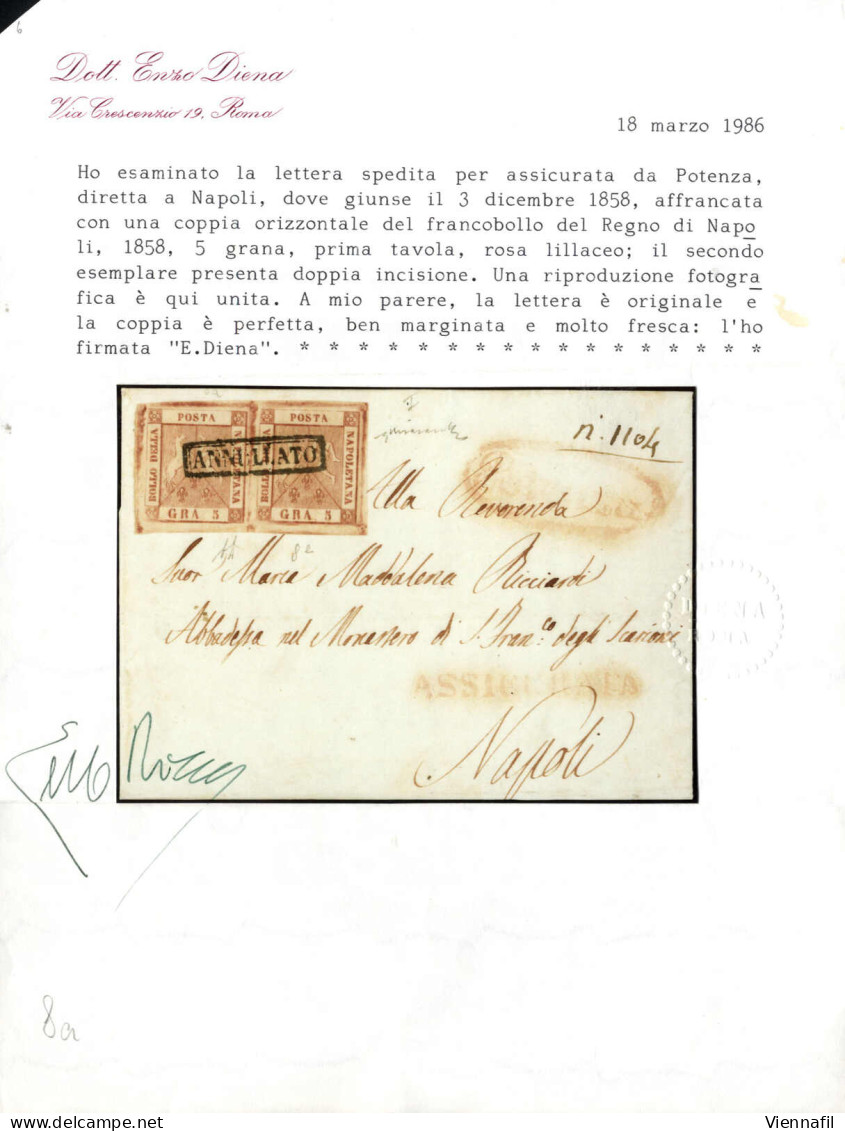 Cover 1858, Lettera Assicurata Completa Del Testo Del 1.12.1858 Da Potenza A Napoli, Affrancata Con Una Coppia Orizzonta - Naples