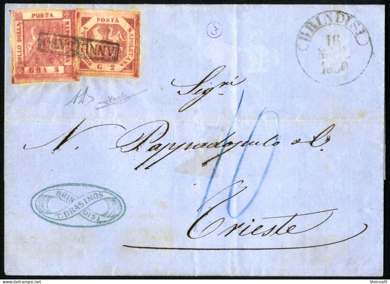 Cover 1860, Lettera Del 16.3.1860 Da Brindisi Col Lloyd Austriaco A Trieste, Affrancata Con 2 Grana Carminio I Tavola E  - Napoli