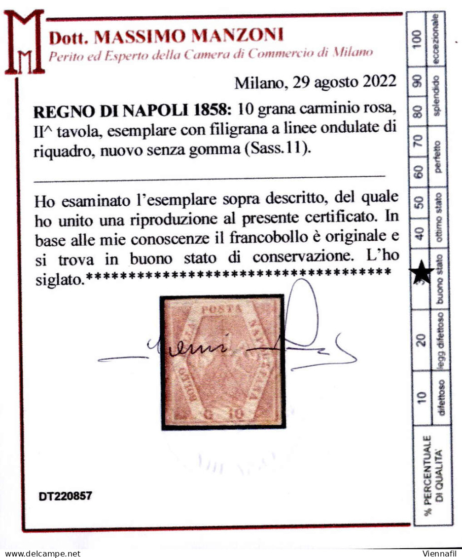 (*) 1858, 10 Grana Carminio Rosa, IIa Tavola, Filigrana A Linee Ondulate Di Riquadro, Nuovo Senza Gomma, Marigini Buoni/ - Nápoles