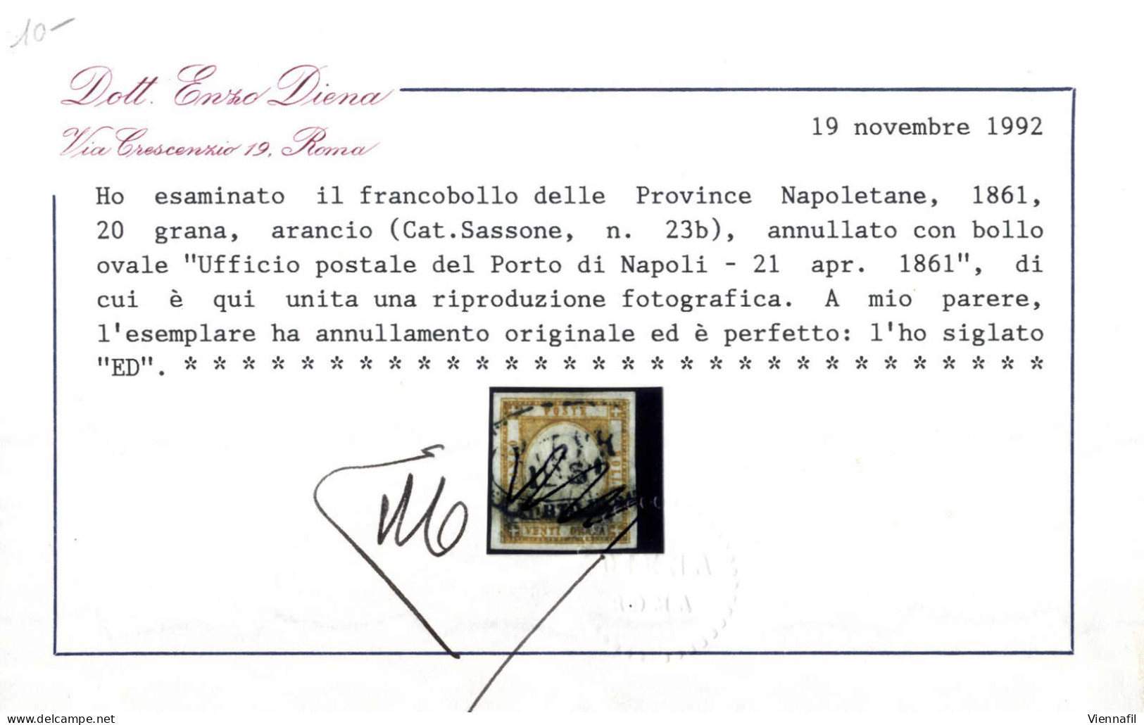 O 1861, Province Napoletane 20 Grana Arancio, Molto Ben Marginato, Annullato Con Il Bollo Ovale "Ufficio Postale Del Por - Napoli