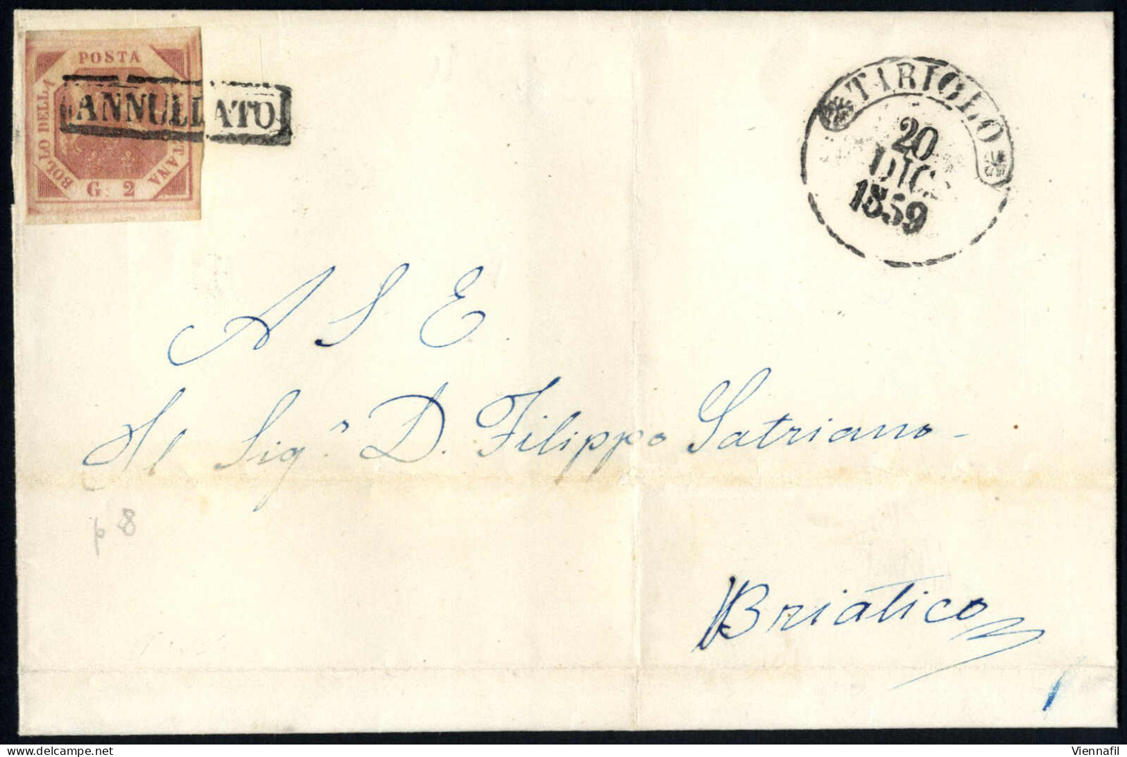 Cover TIRIOLO, Lettera Del 20.12.1859 Da Tiriolo A Briatico, Affrancata Con 2 Gr. Rosa Brunastro II Tavola, Buoni/ampi M - Nápoles