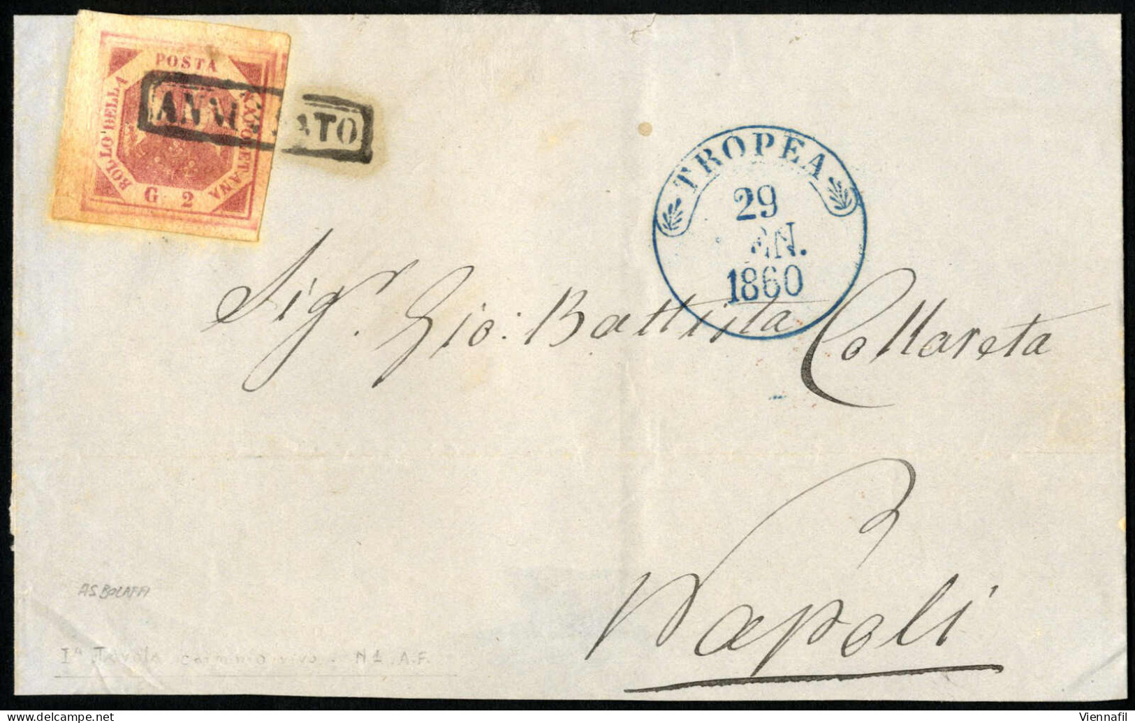 Cover TROPEA: Lettera Del 29.1.1860 Da Tropea A Napoli, Affrancata Con 2 Gr. Carminio I Tavola, Ben Marginato Con Bordo  - Napels