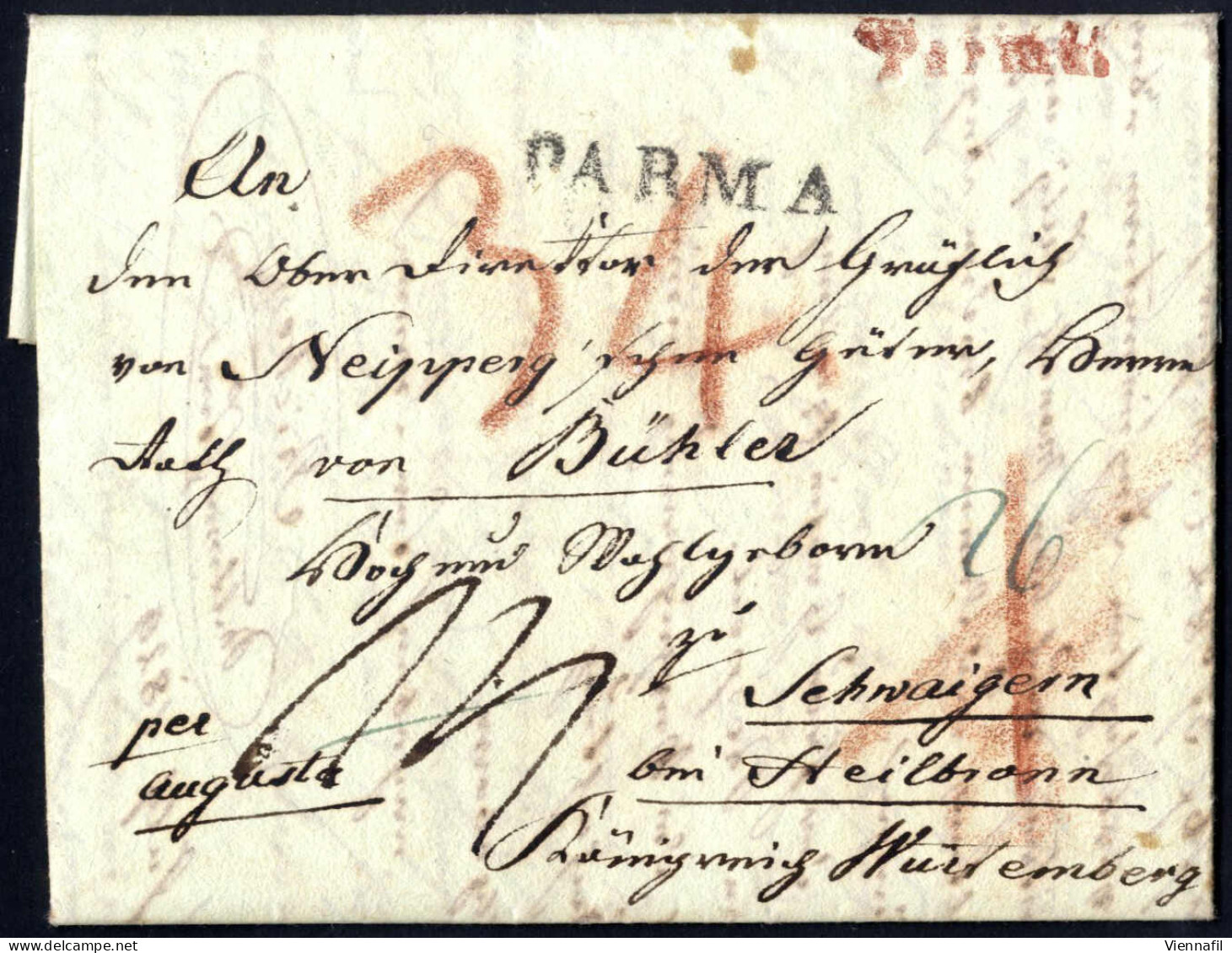 Cover 1829, Lettera Completa Del Testo Del 3.7.1829 Da Parma Via Milano E Augsburg Per Schwaigen Bei Heilbronn (Königrei - Parma