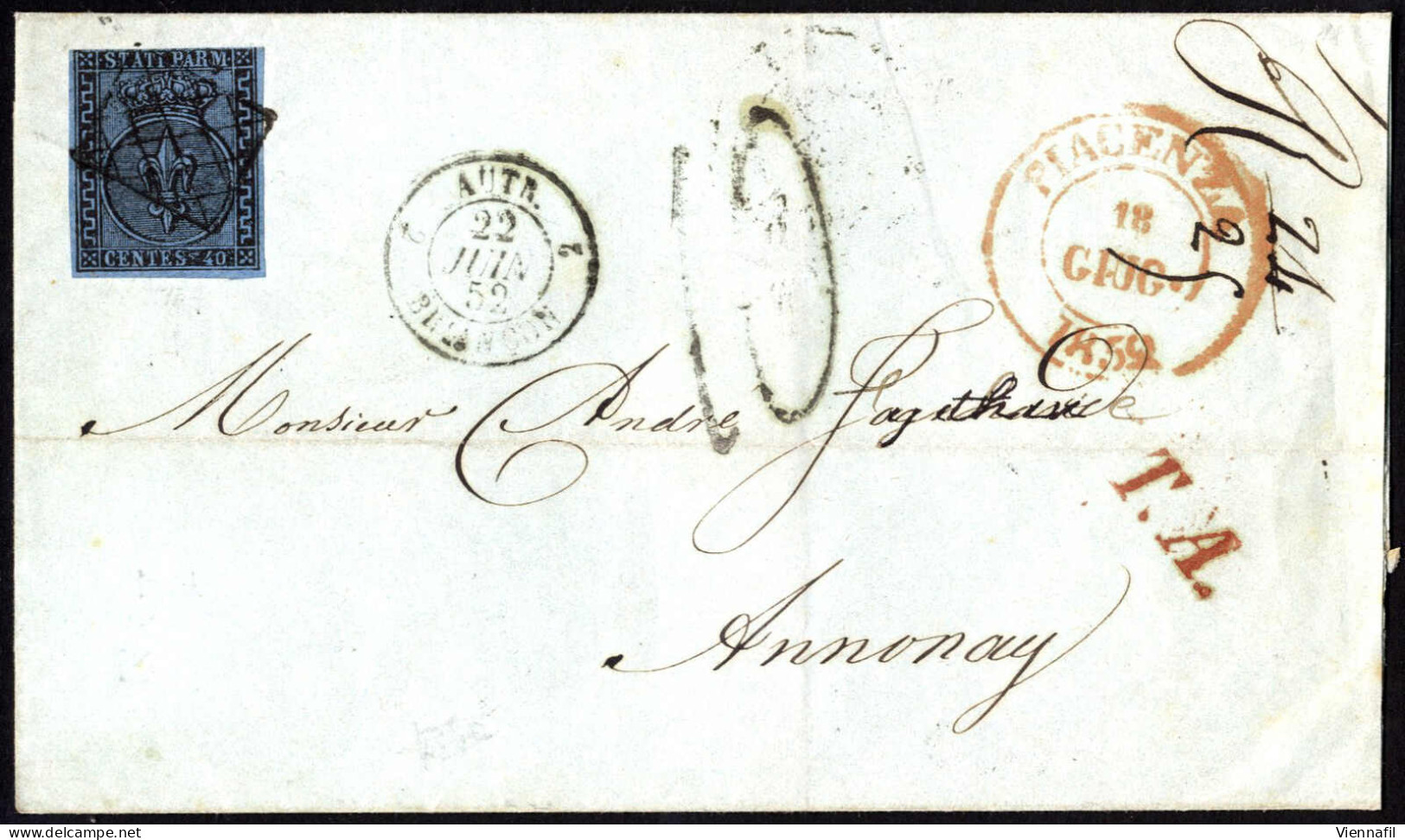 Cover 1852, Lettera Del 18.6.1852 Da Piacenza Via Milano Ad Annonay (Francia), Affrancata Con 40 Centes. Azzurro, Tre Bu - Parma