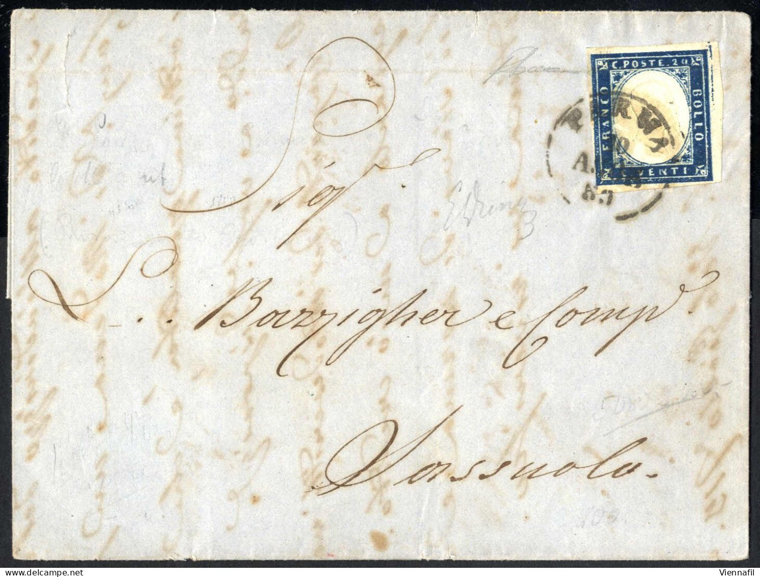 Cover 1859, Lettera Del 10.8.1859 Da Parma A Sassuolo, Affrancata Con IV. Em. Di Sardegna 20 Cent. Azzurro Scuro Sass. 1 - Parma