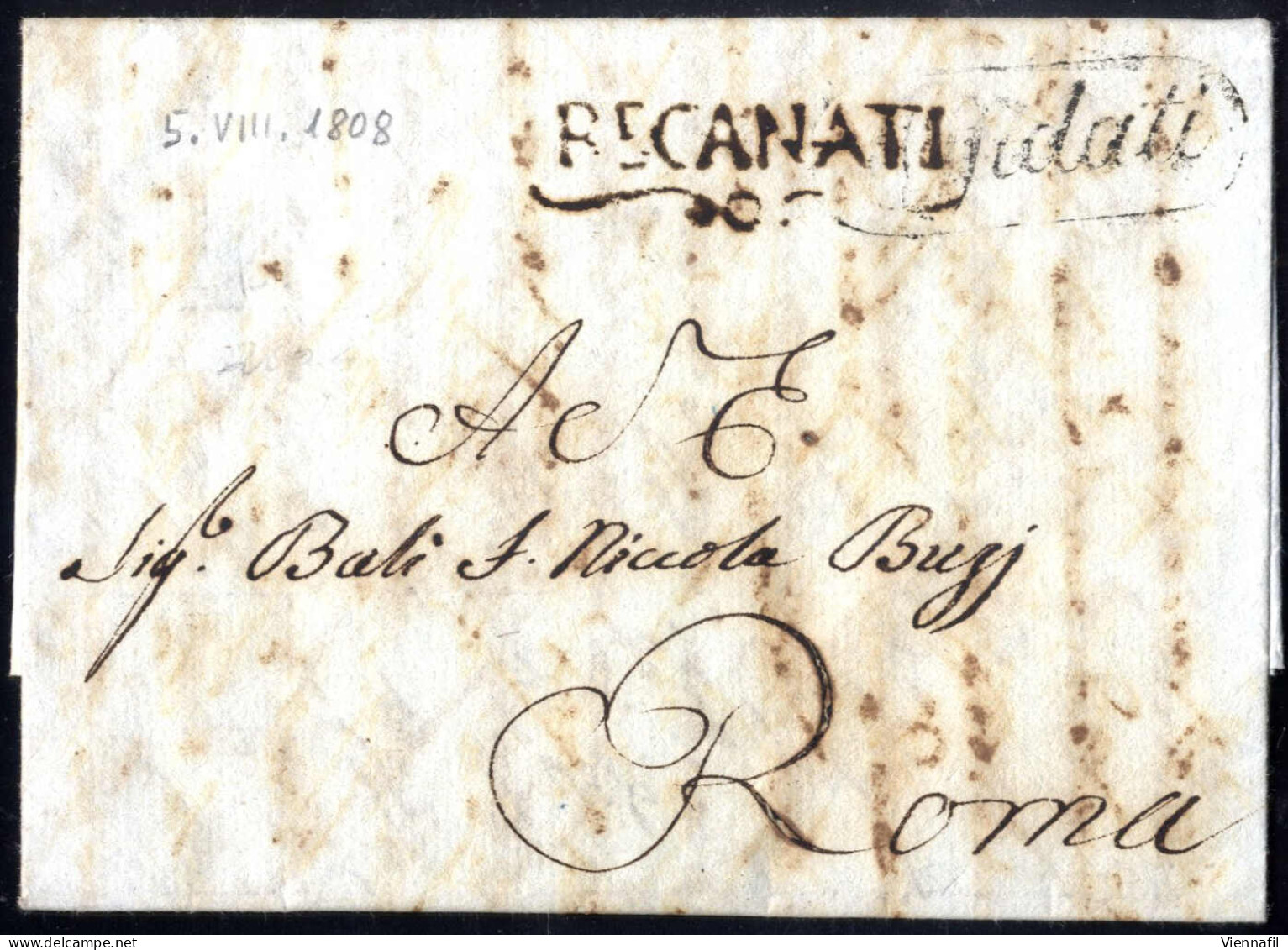 Cover 1808, Lettera Completa Del Testo Del 5.8.1808 Da Recanati A Roma, Bollo Lineare Con Ornamento "RECANATI" Ed In Car - Etats Pontificaux