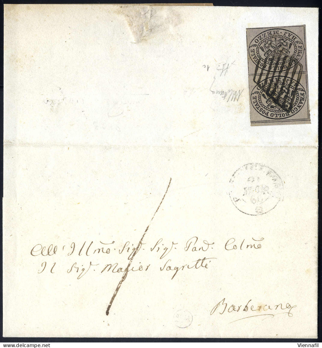 Cover 1852, ½ Baj. Grigio Lilla, Coppia Al Verso Di Lettera Da Viterbo 21.3.1860 Per Barbarano, Rara, Firm. A. Diena, Sp - Papal States