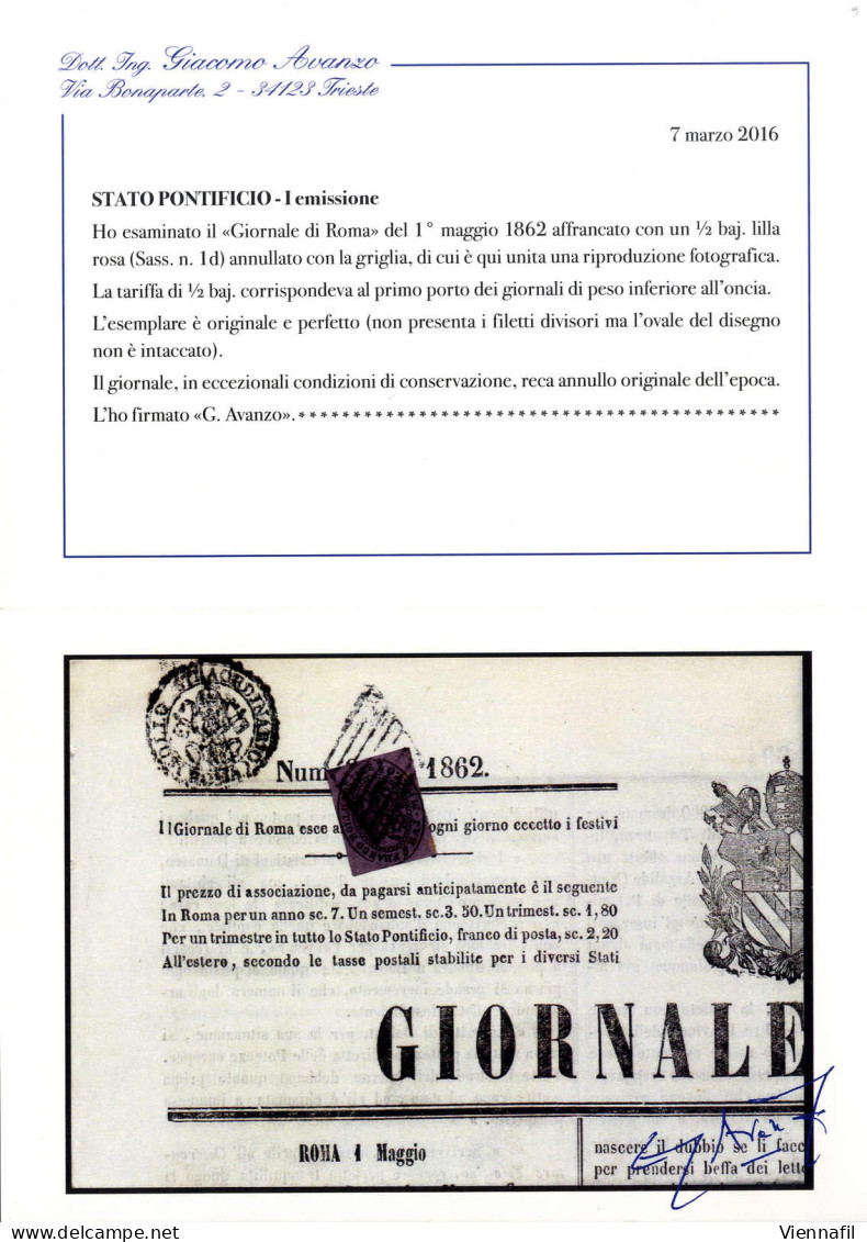 Cover 1852, "½ Baj. Lilla Rosa", Isolato Su "Giornale Di Roma" Del 1.5.1862, Annullato Con Griglia Pontificia, Grande Ra - Etats Pontificaux