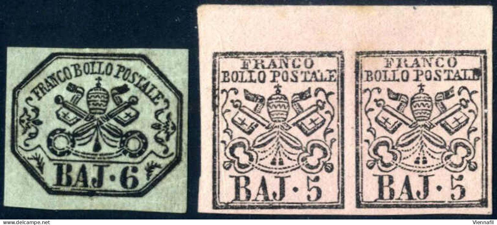 * 1852, 5 Bay. Rosa Chiaro Coppia Orizzontale, Angolo Di Foglio, Piega Naturale Di Carta E 6 Baj. Grigio Verdastro (stam - Etats Pontificaux