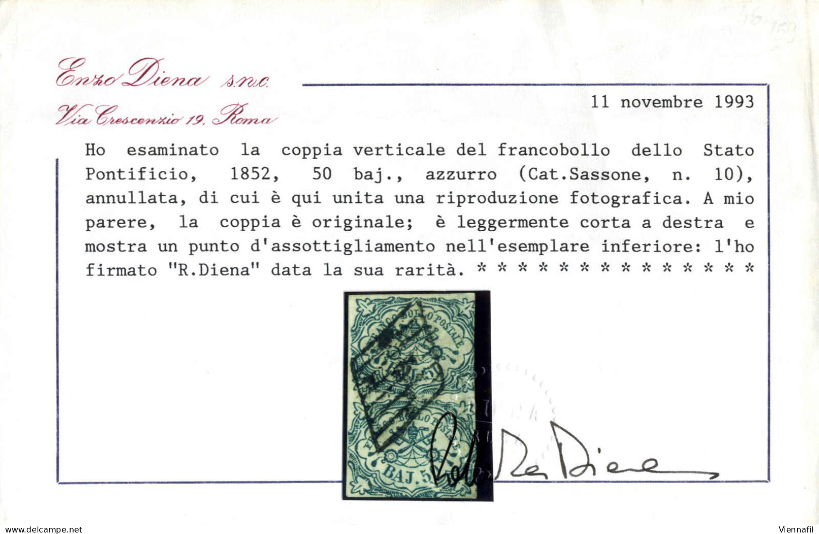 O 1852, 50 Baj. Coppia Verticale, Leggermente Corta A Destra E Mostra Un Punto D'assottigliamento Nell'esemplare Inferio - Etats Pontificaux