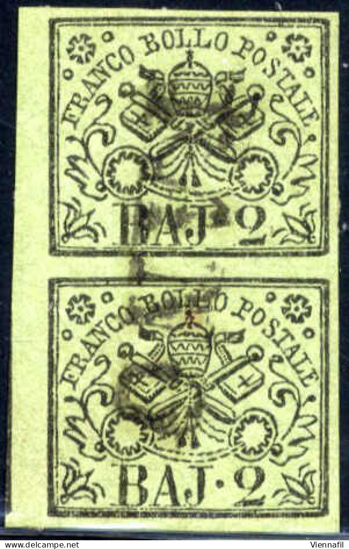 */o 1852-67, 2 Baj. Verde Coppia Verticale Con Interspazio Di Gruppo A Sinistra Con Annullo Lineare "FANO", Firma ED, 3  - Estados Pontificados