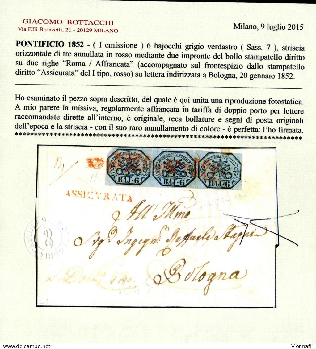 Cover "Roma/Affrancata" (due Volte) E "ASSICURATA" A Lato, Tutti In Rosso, Lettera Del Gennaio 1852 Per Bologna Affranca - Papal States
