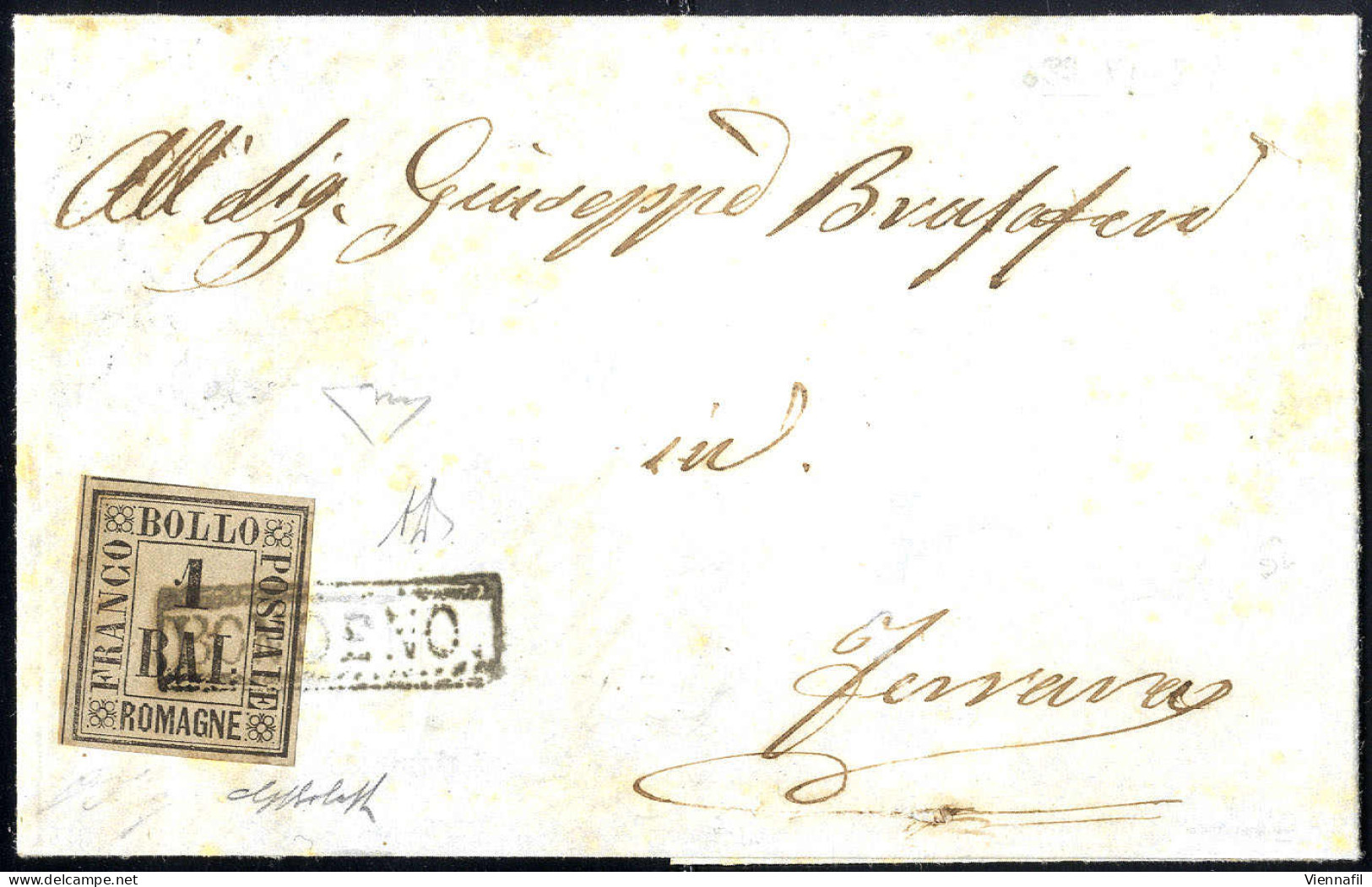 Cover 1859, Lettera Del 1.11.1859 Da Bondeno A Ferrara, Affrancata Con Un Francobollo Da 1 Baj. Bruno Grigio, Buoni/ampi - Romagne