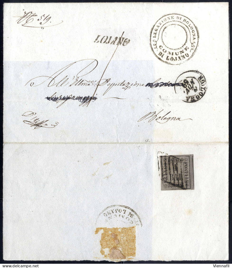Cover 1859, Lettera Del 2.11.1859 Da Lojano A Bologna In Porto Assegnato "1" Baj., Affrancata Al Verso Con 1 Baj. Grigio - Romagna