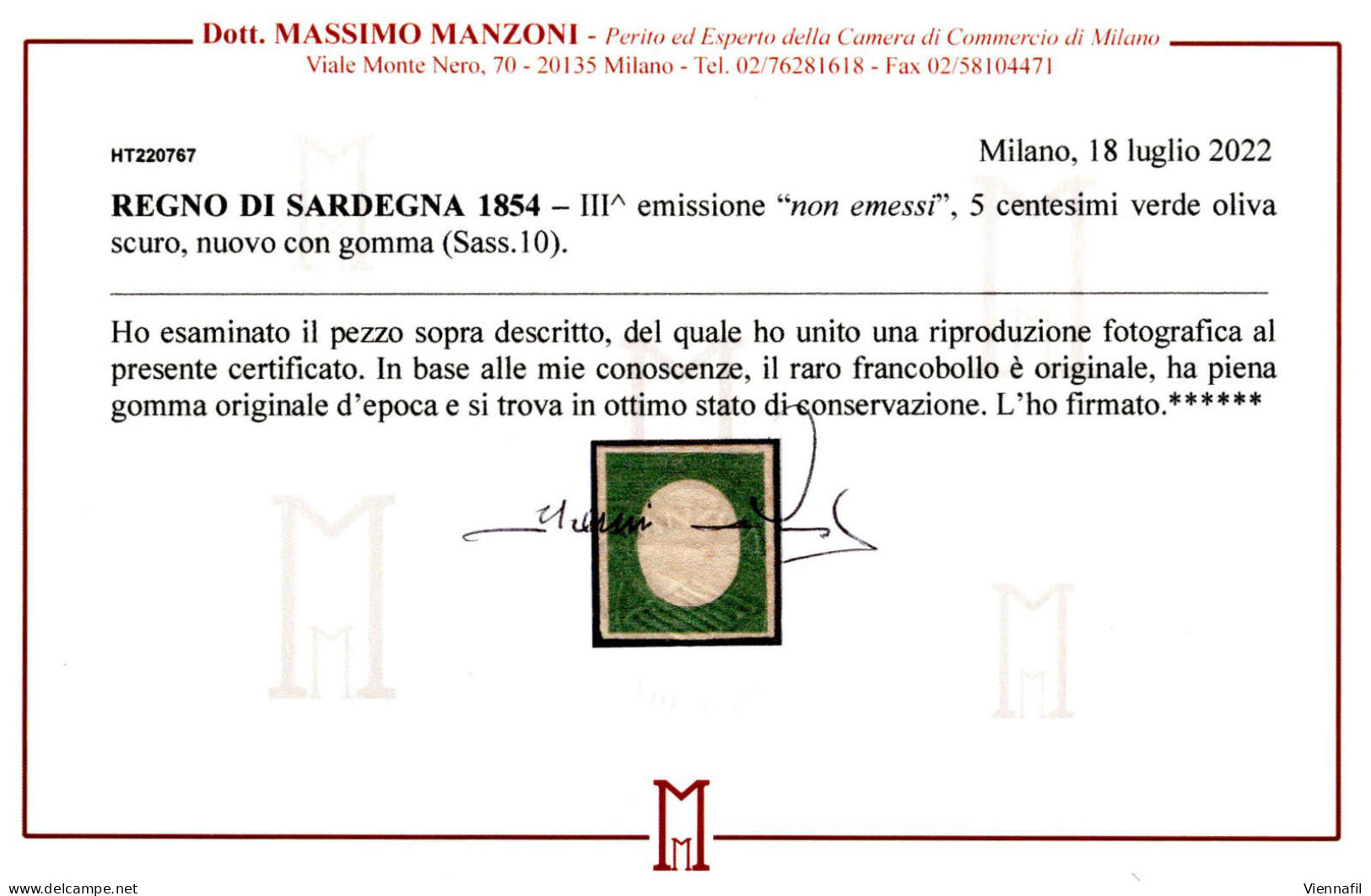 * 1854, Terza Emissione 5 Cent. Verde Oliva Scuro (non Emesso), Ampi Margini Regolari, Nuovo Con Piena Gomma Originale,  - Sardinien