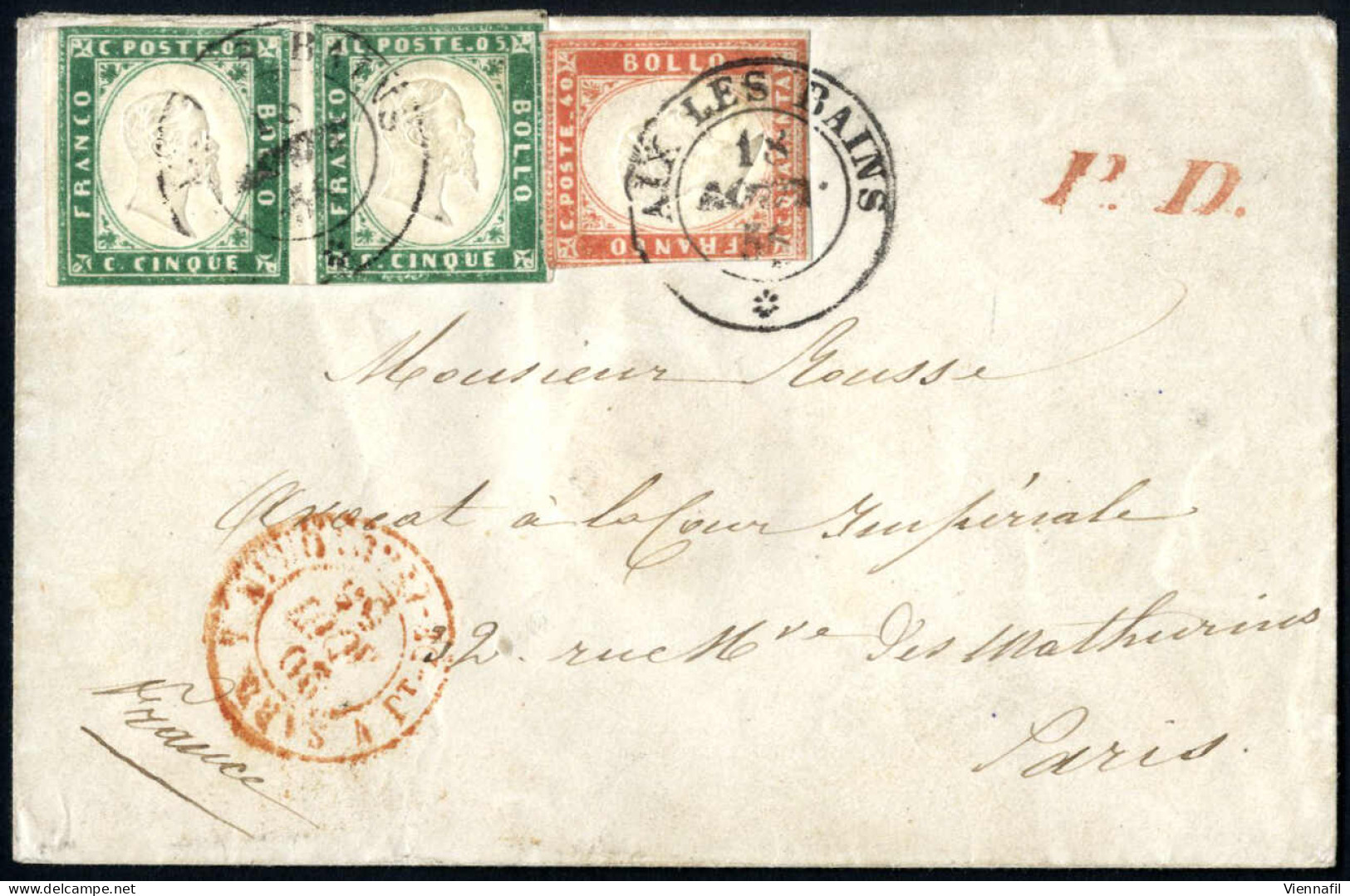Cover 1856, Letterina Del 18.8.1856 Da Aix Les Bains A Paris, Affrancata Con IV Emissione Di Sardegna 5 Cent. Verde Smer - Sardinië