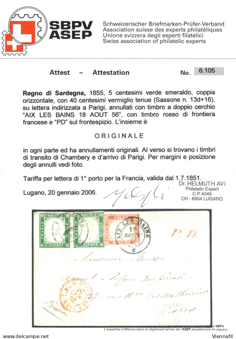 Cover 1856, Letterina Del 18.8.1856 Da Aix Les Bains A Paris, Affrancata Con IV Emissione Di Sardegna 5 Cent. Verde Smer - Sardegna