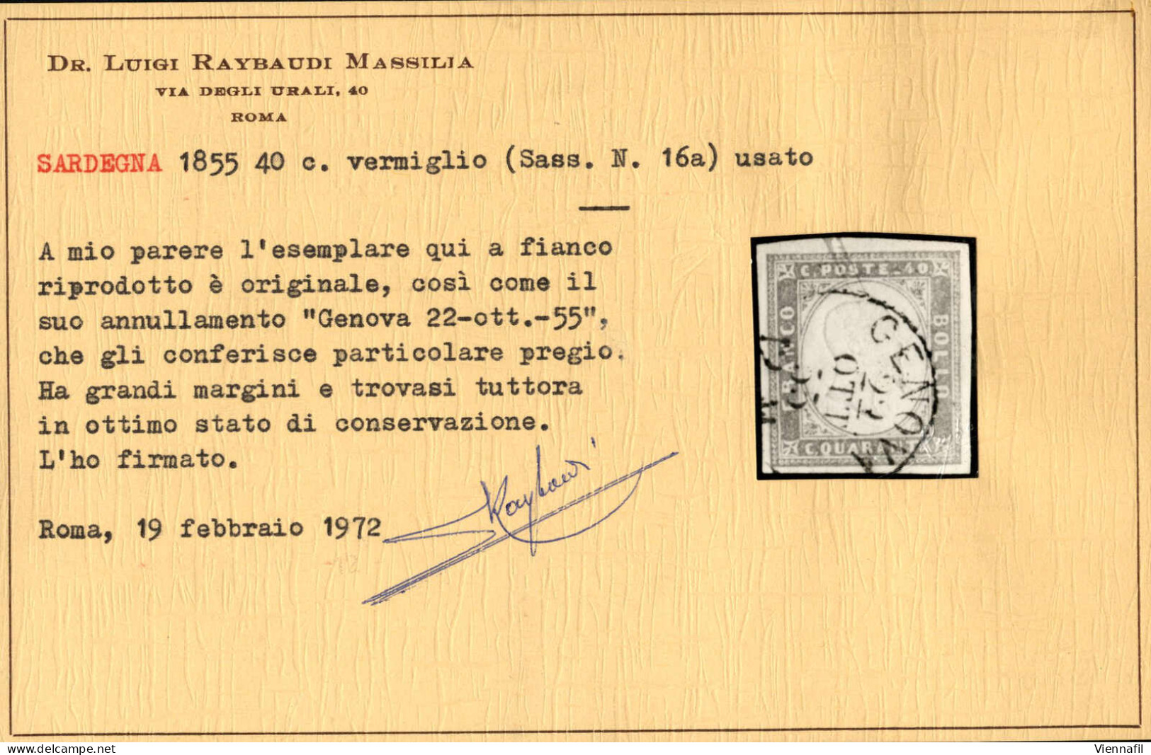O 1855, 40 C. Vermiglio, Ampi Margini Regolari, Nitido Annullo "GENOVA, 22 OTT 55, 12 M", Ottima Conservazione, Cert. Ra - Sardinien