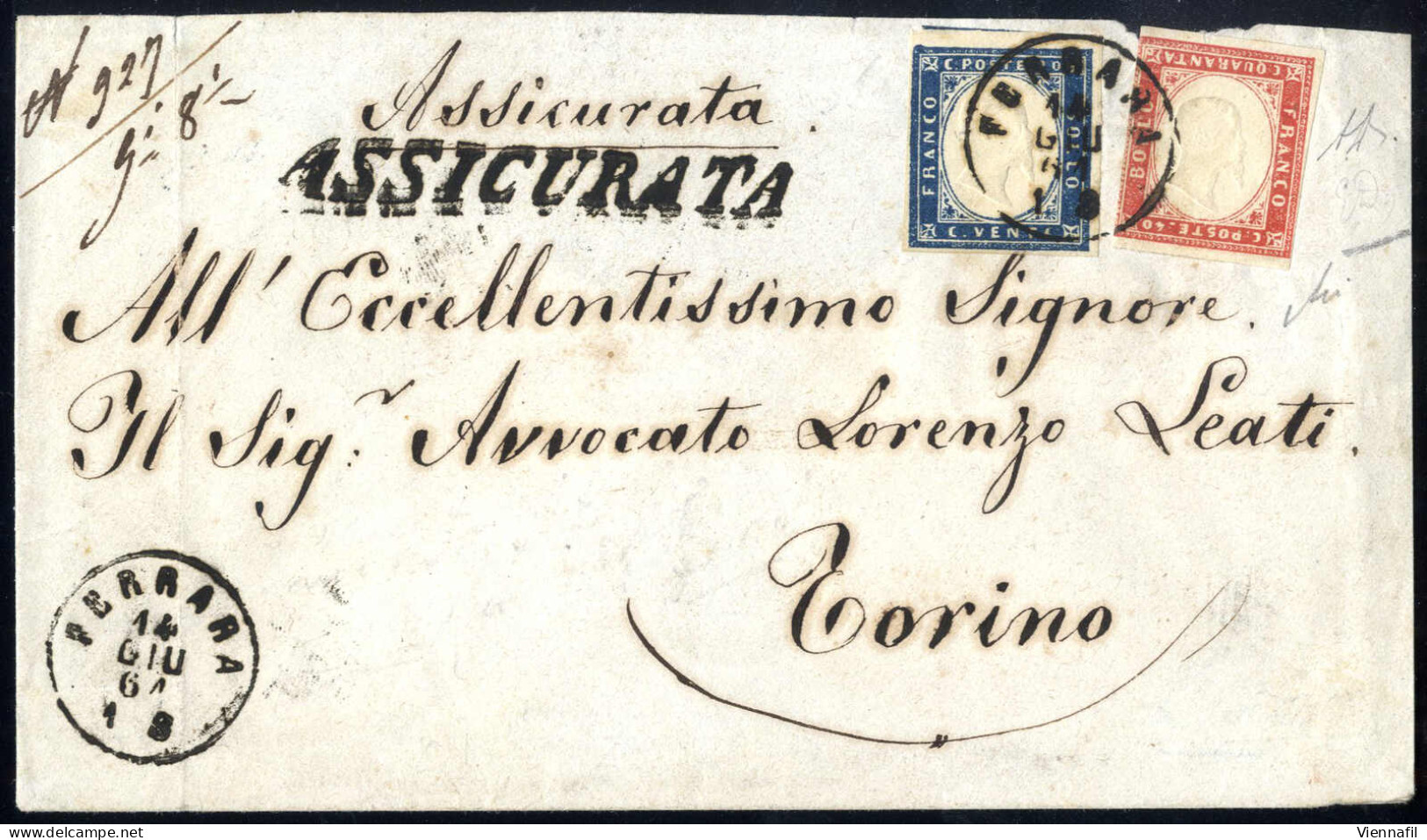 Cover 1861, Assicurata Del 14.6.1861 Da Ferrara A Torino, Affrancata Con 40 Cent. Rosso Vermiglio CON EFFIGIE CAPOVOLTA, - Sardinië