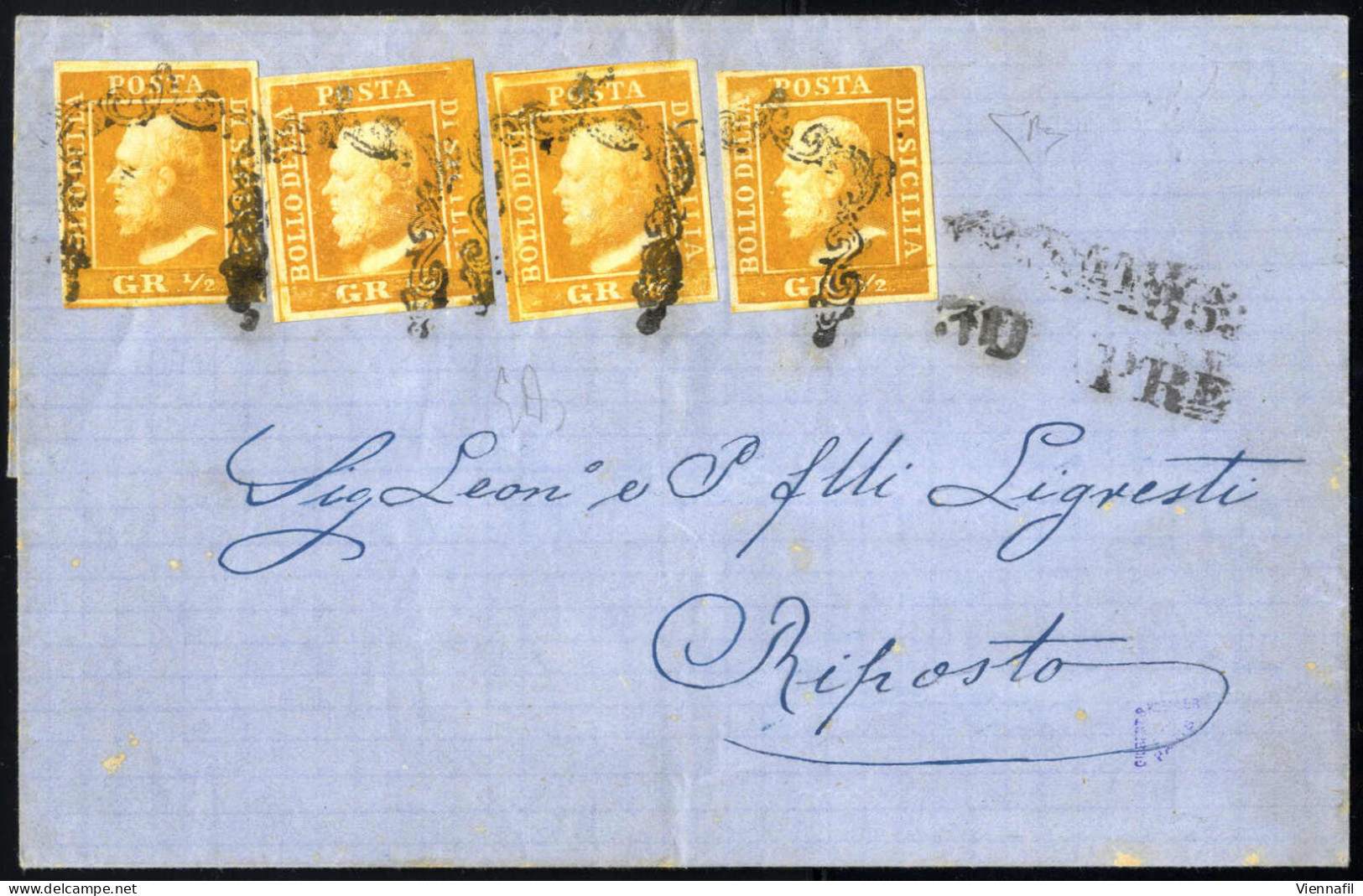 Cover 1859, Lettera Del 30.4.1859 Da Messina A Riposto, Affrancata Con Quattro Esemplari Del ½ Grano Arancio, N. 43, 75, - Sicilië