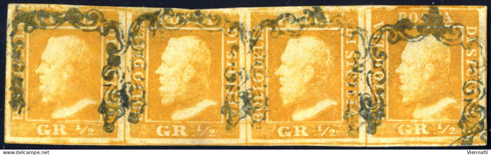 O/pair 1859, ½ Grano Prima Tavola, Carta Di Napoli, Giallo Arancio Chiaro, Striscia Orizzontale Di Quattro, Posizione 1- - Sicily
