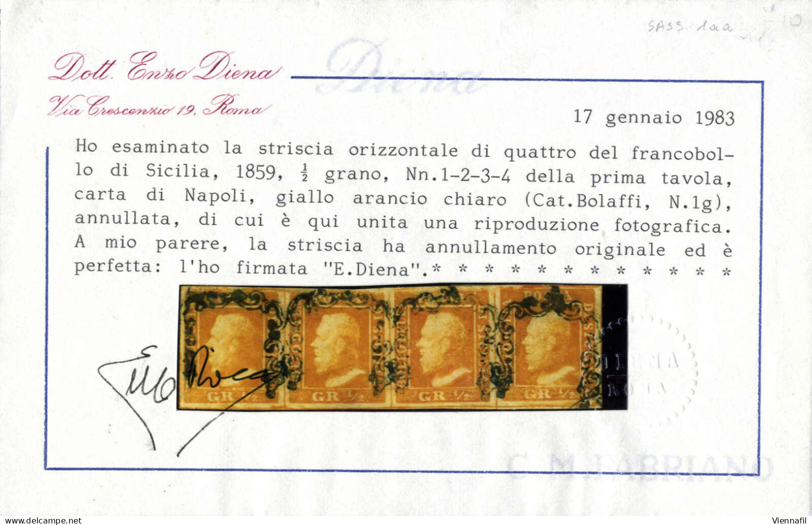 O/pair 1859, ½ Grano Prima Tavola, Carta Di Napoli, Giallo Arancio Chiaro, Striscia Orizzontale Di Quattro, Posizione 1- - Sicilië