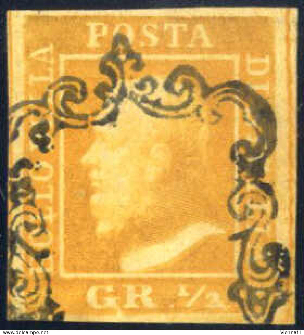 O 1859, ½ Grano Giallo Brunastro, Carta Di Napoli, Nuoni/ampi Margini, Annullato Con Il Bollo "ferro Di Cavallo", Tinta  - Sicile